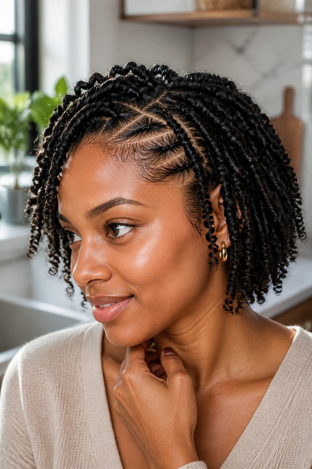 Close-up of a real woman with short spring twists anchored by a crochet base.