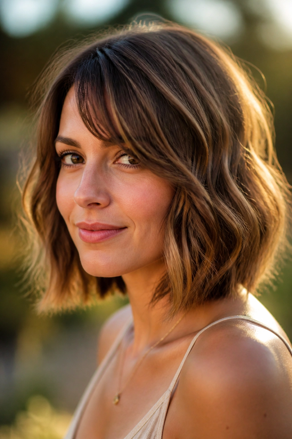 Close-up of a real person with short wavy lob and side bangs