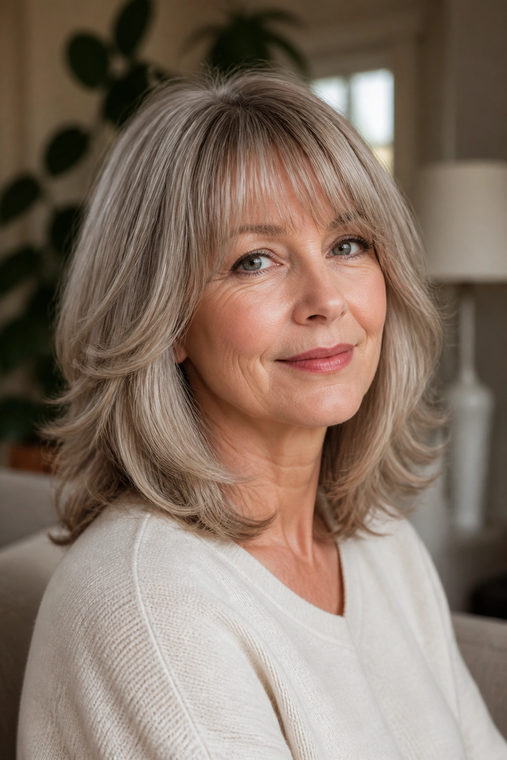 Portrait of an older woman with shoulder-grazing layers and soft bangs in warm daylight