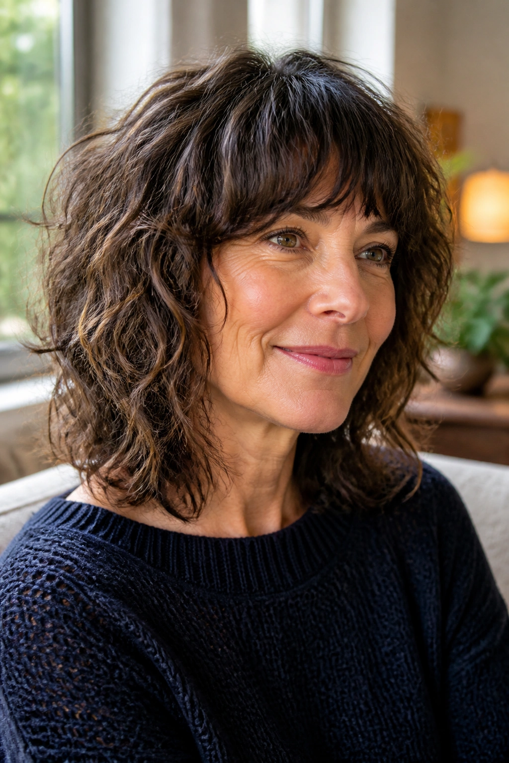 Close-up of real woman with shoulder-grazing shag and bangs in warm window light