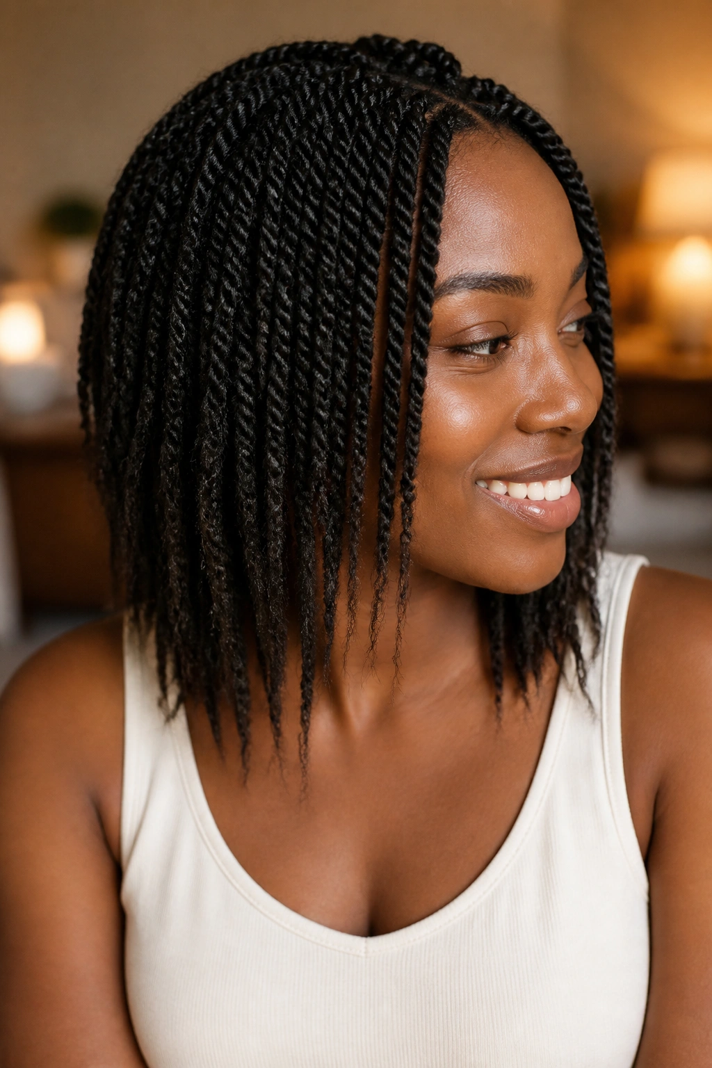 Close-up of a real person with shoulder-length Afro twists showing tapered ends
