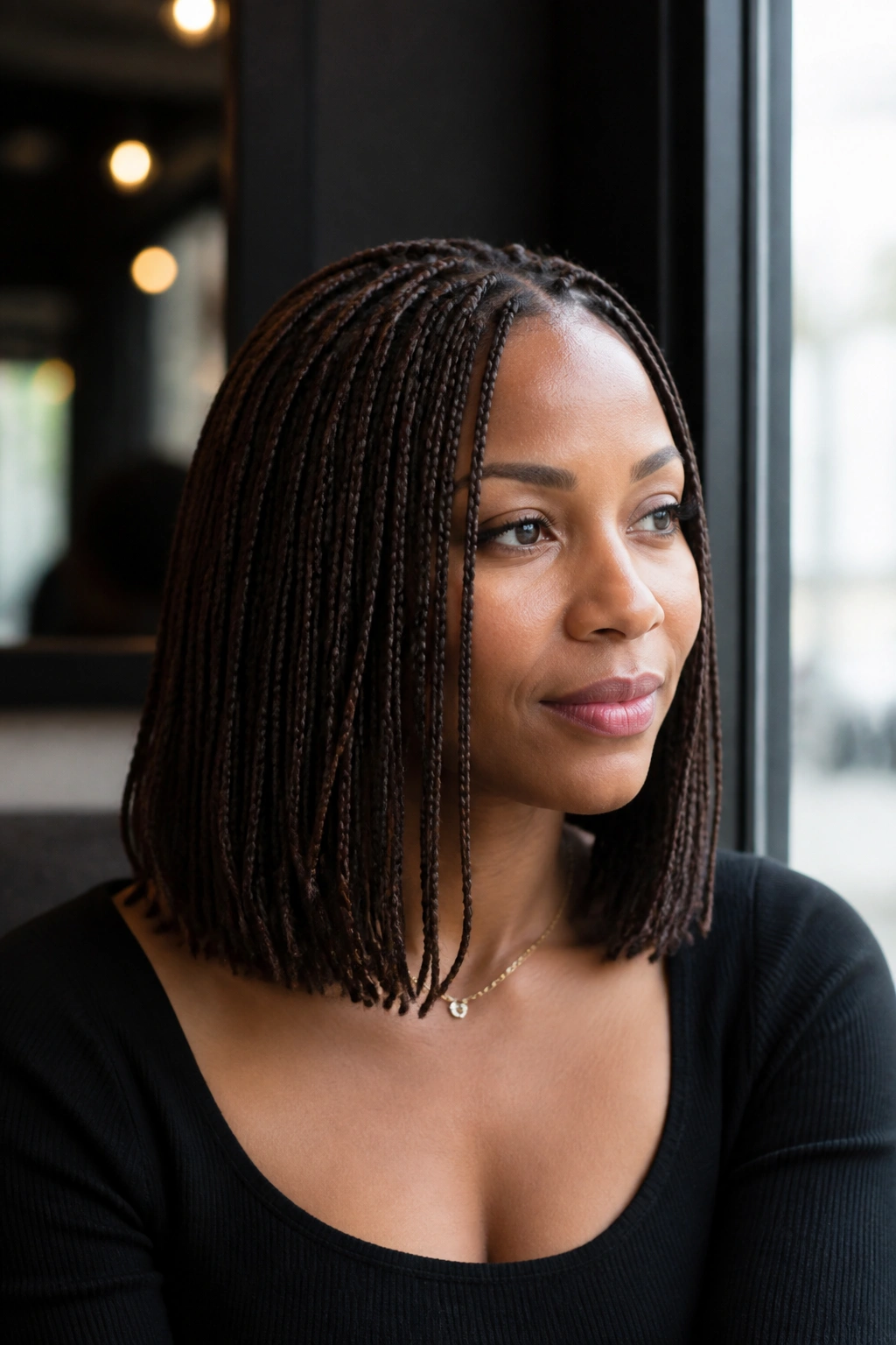 Real woman with shoulder-length micro braids portrait