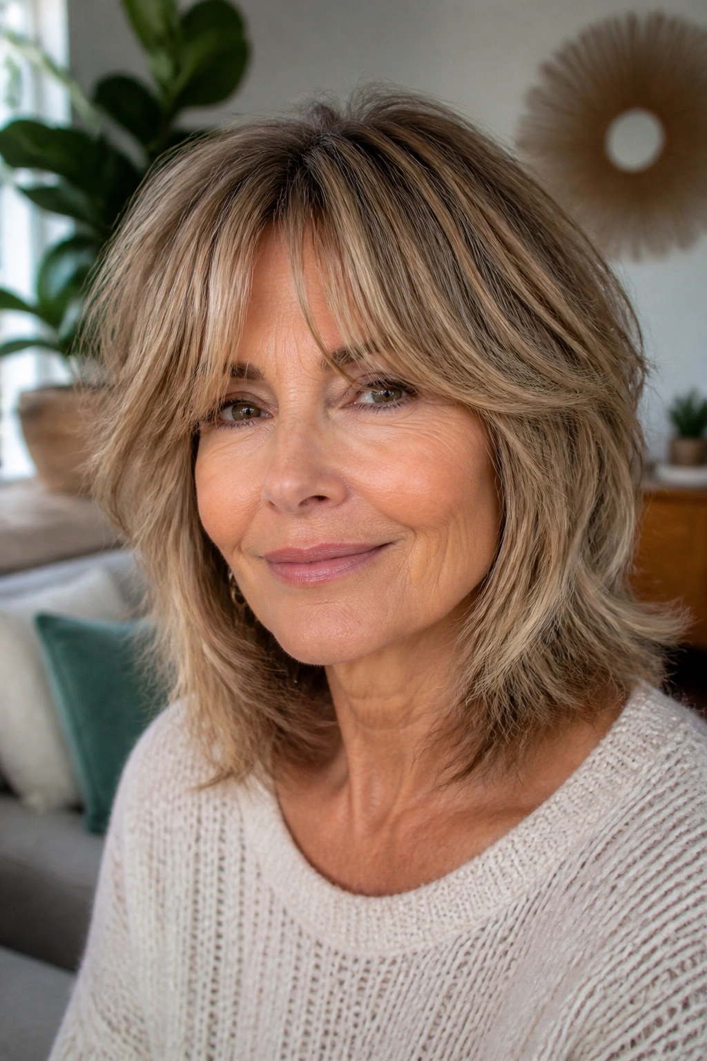 Close-up of a real woman with shoulder-length shag and curtain bangs.