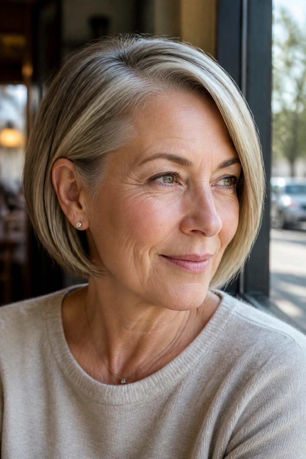 Portrait of woman with deep side-parted bob and tucked front pieces