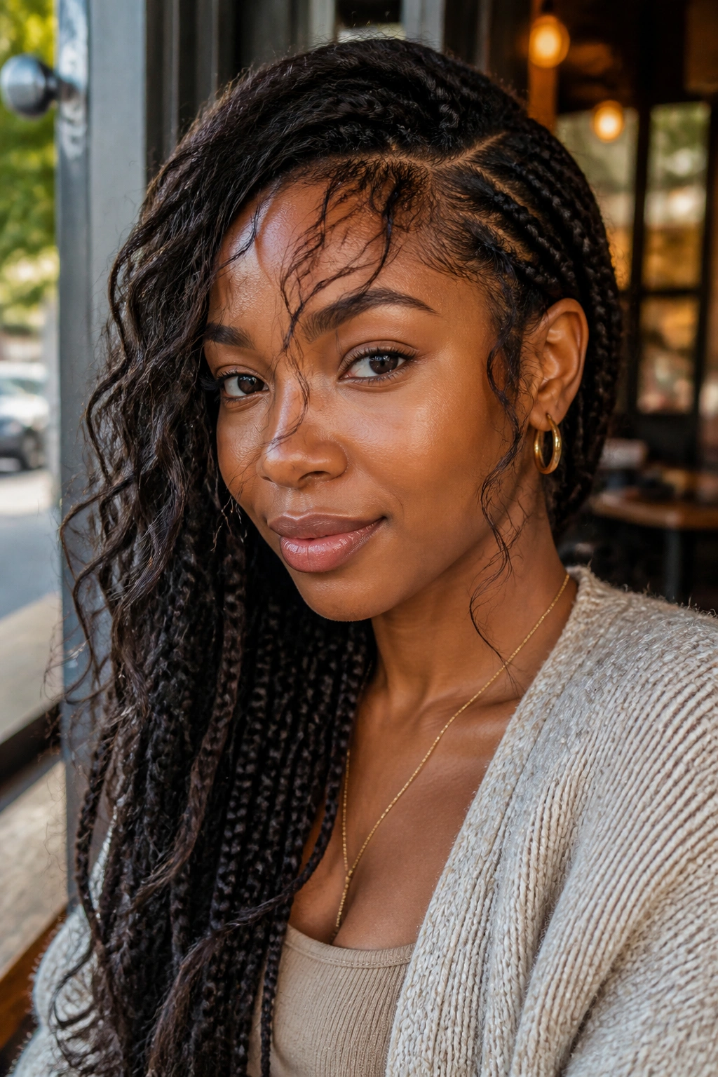 Portrait of a real woman with side-parted boho braids and wispy tendrils
