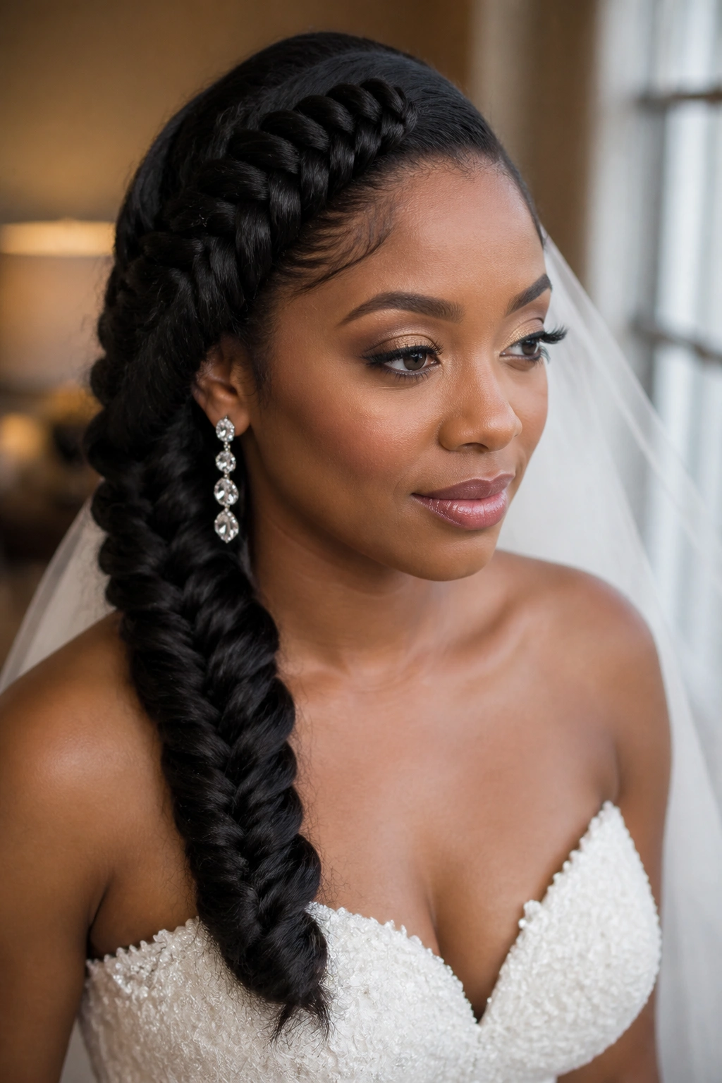 Close-up of a real bride with side-parted fishtail and voluminous roots