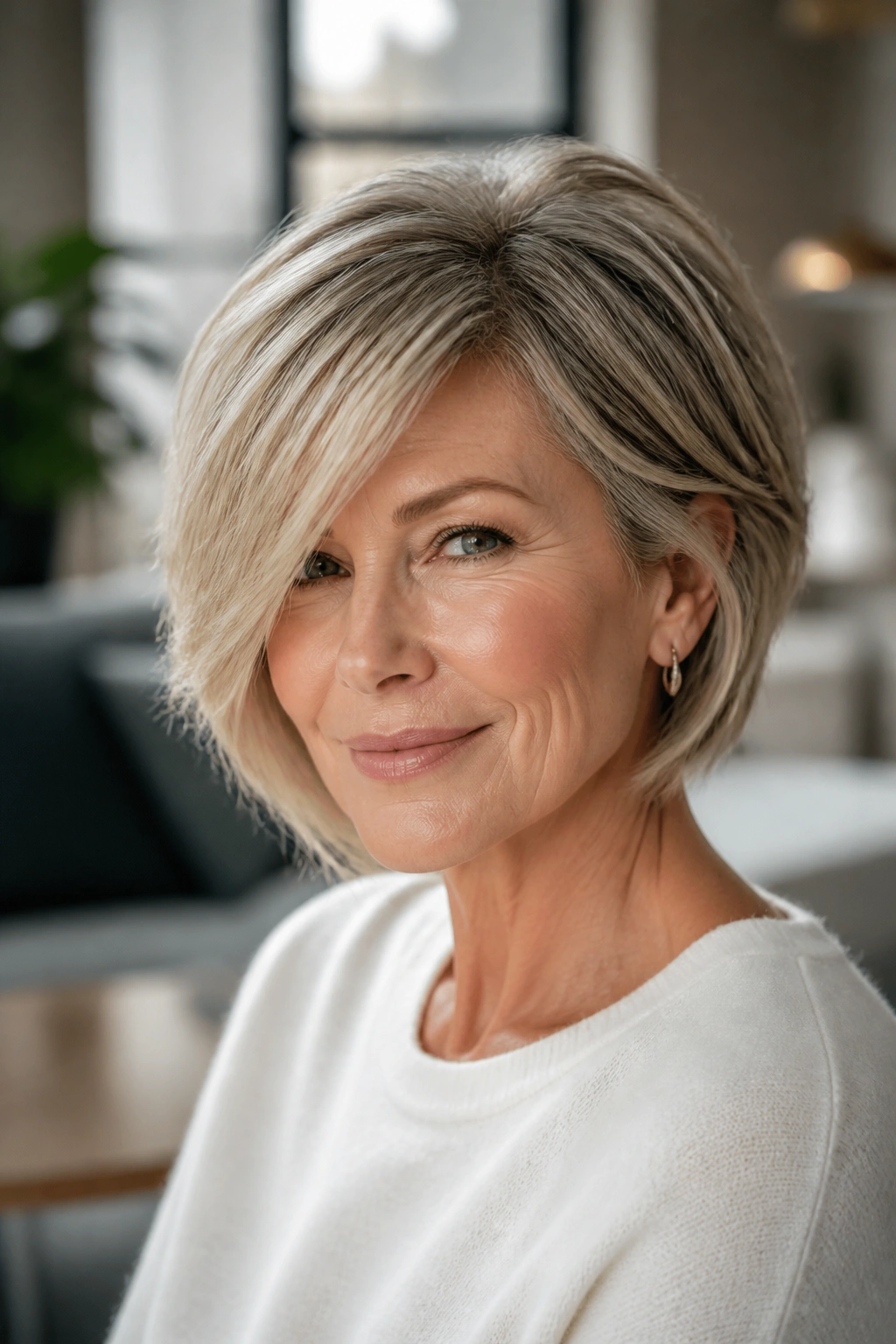 Real woman with side-parted layered bob and long fringe in natural light