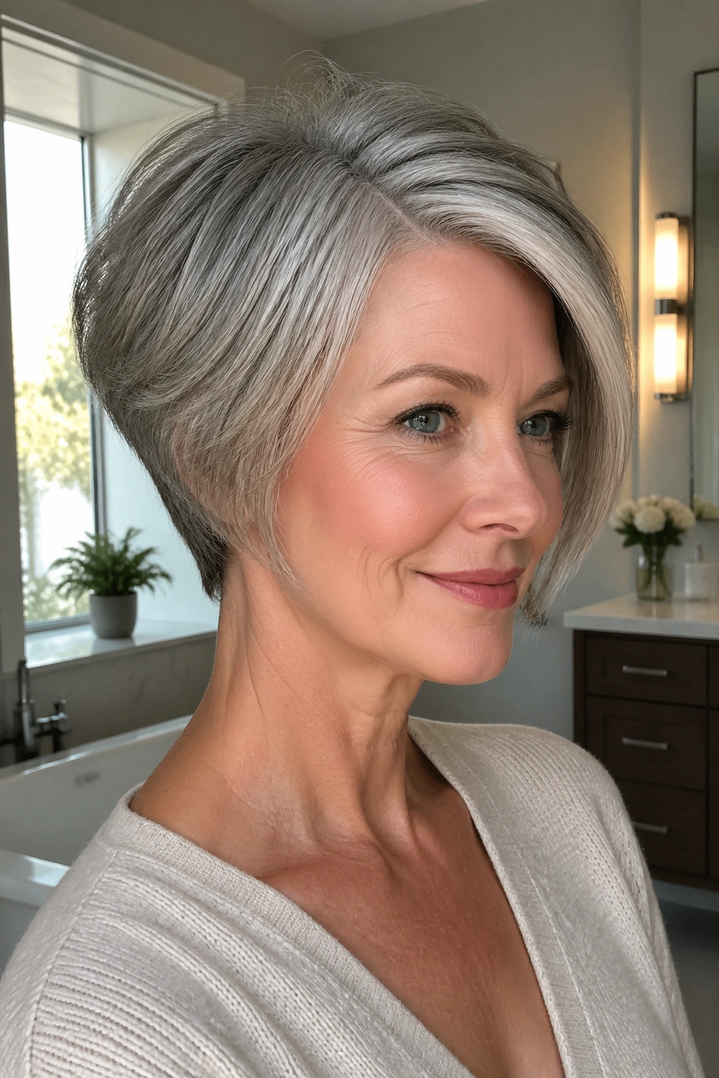 Portrait of a woman with a side-parted wedge cut under morning light.