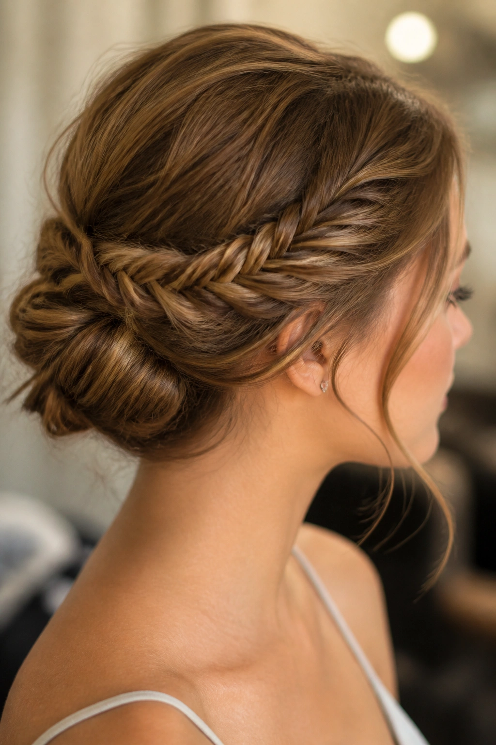 Close-up of a real woman with a side-pin tucked fishtail updo