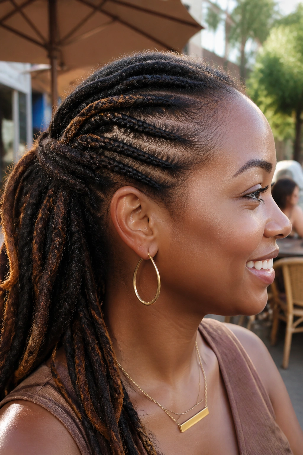 Side-profile of a woman with three side-pinned braids behind the ear