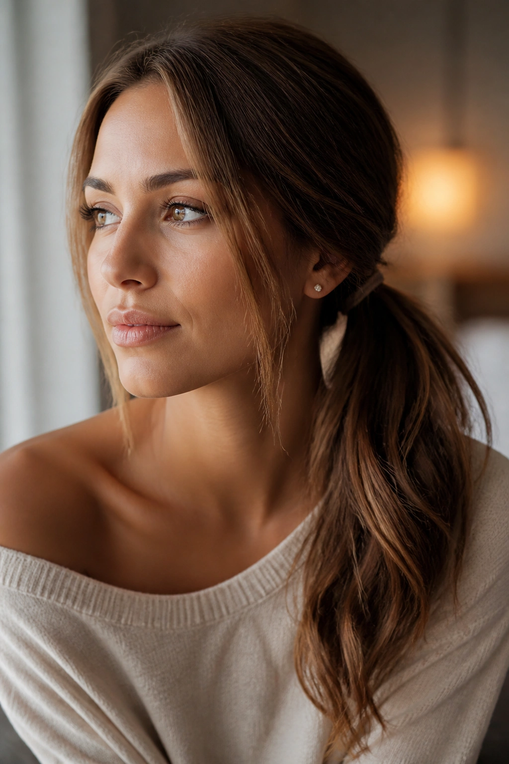 Close-up portrait of a real woman with a side ponytail in warm window light