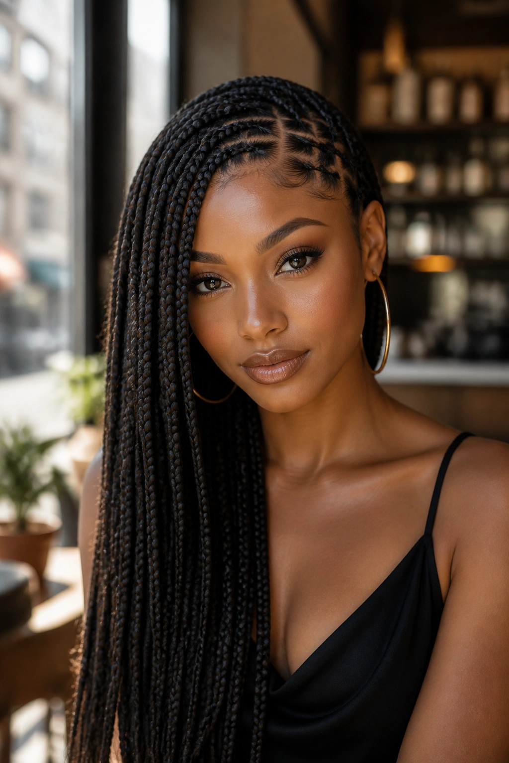 Close-up of a real woman with side-swept square braids