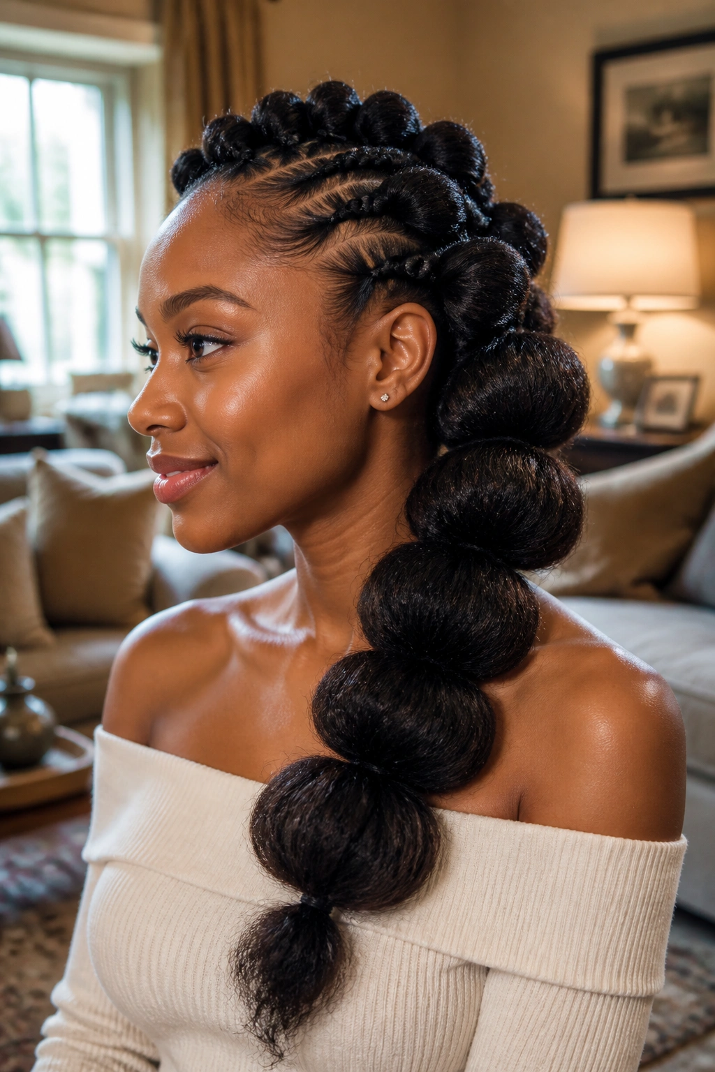 Real person side profile with side-swept romantic bubbles cascading to the side