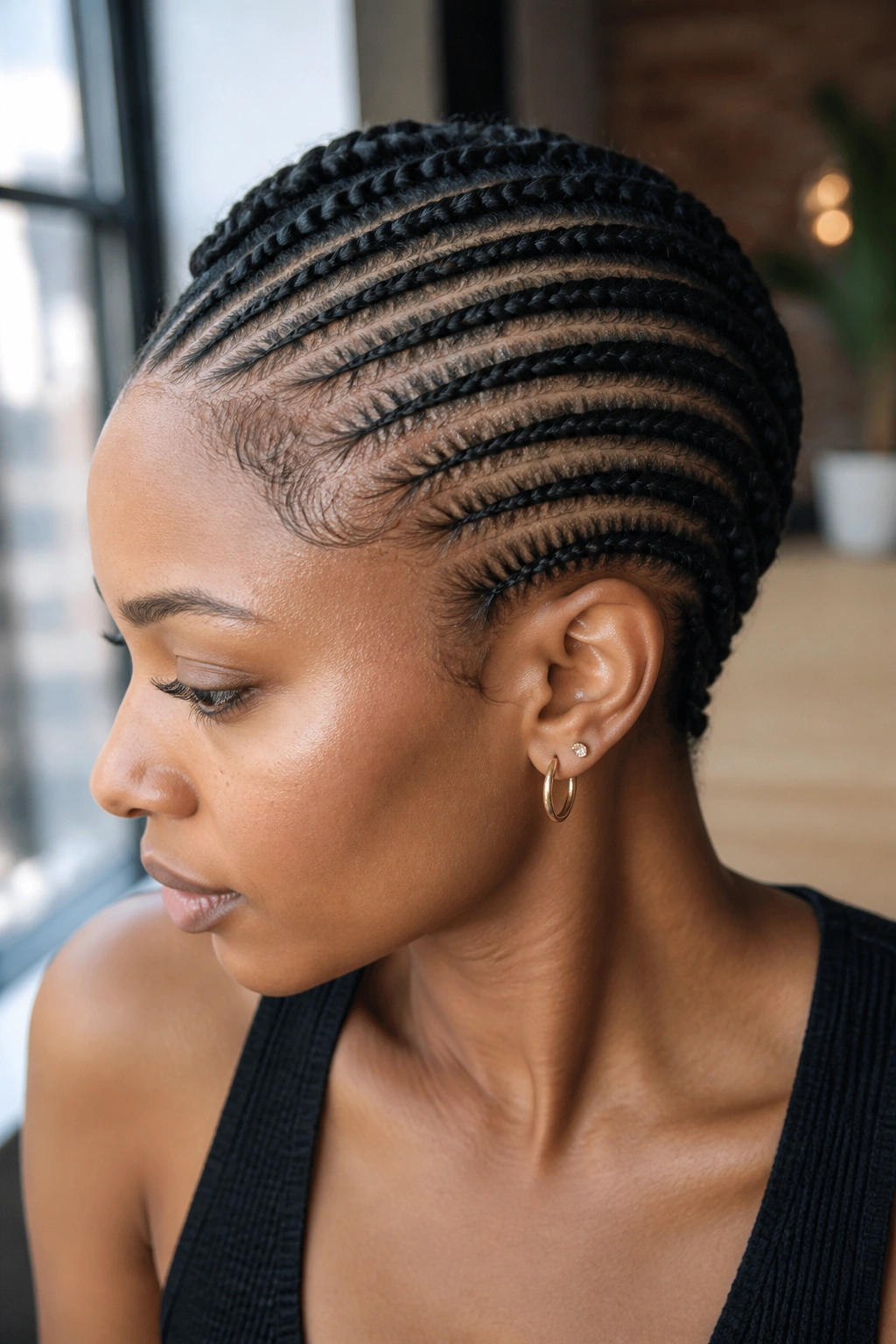 Side-swept feed-in cornrows on a real person, showcasing the diagonal braid pattern.