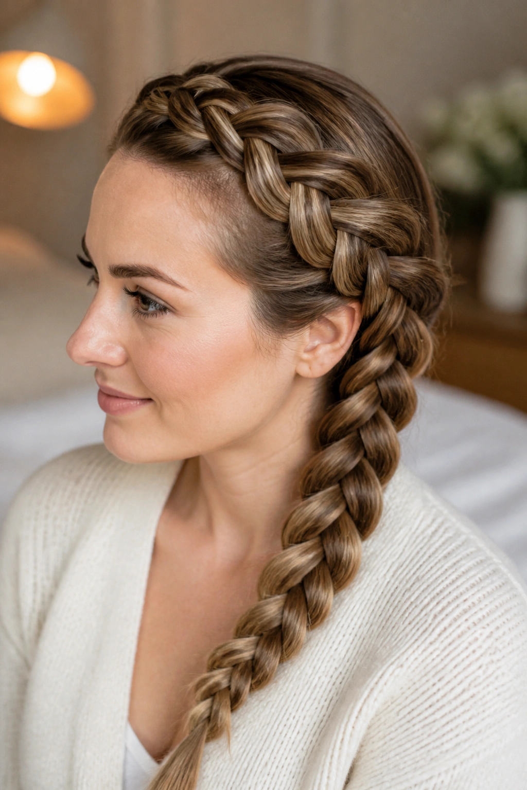 Three-quarter profile of a woman with a diagonal Dutch braid.