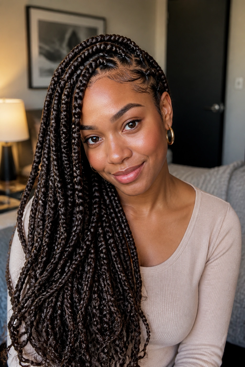 Portrait of real woman with side-swept goddess braids