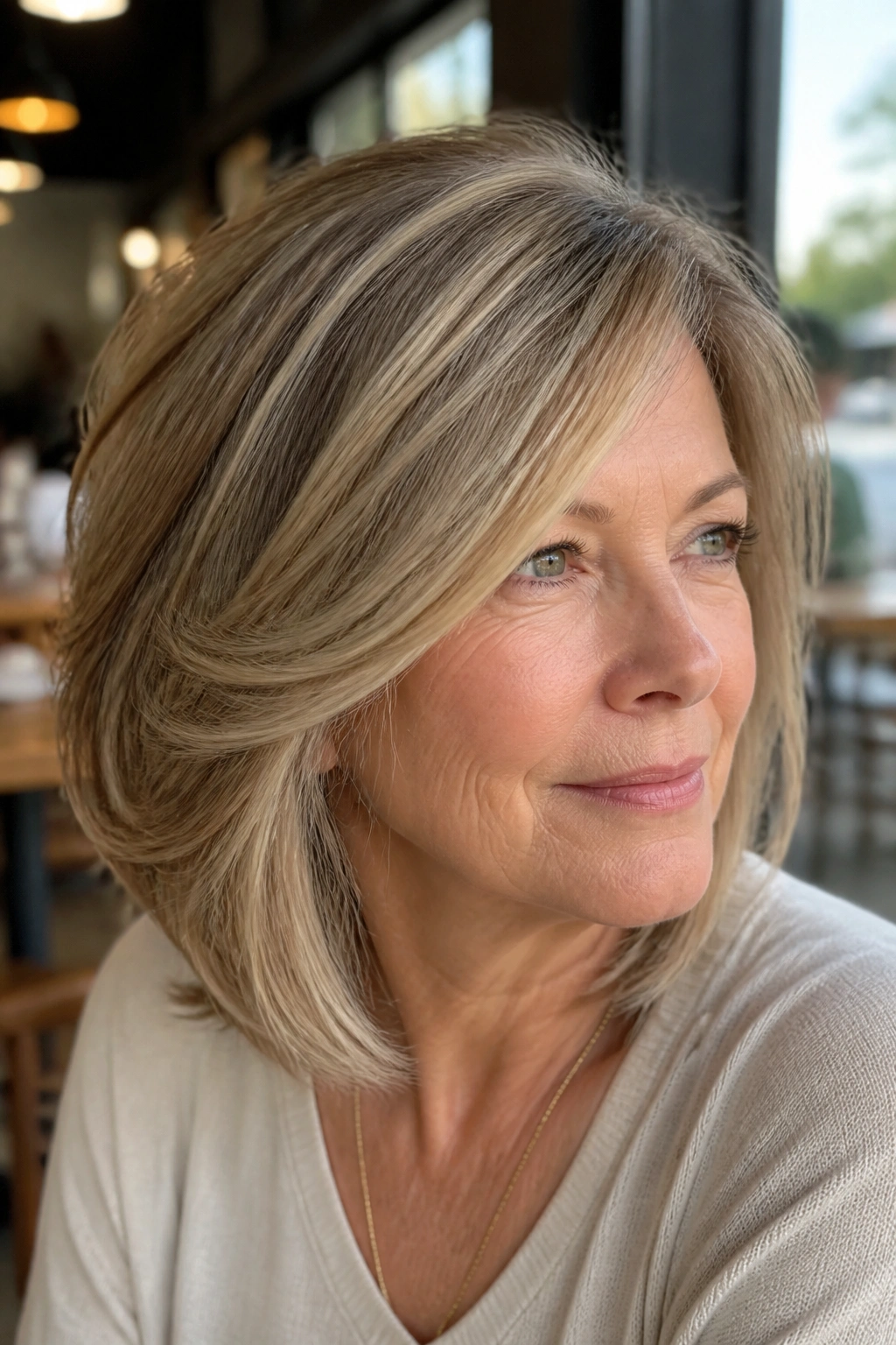 Close-up of a real woman with side-swept layered lob
