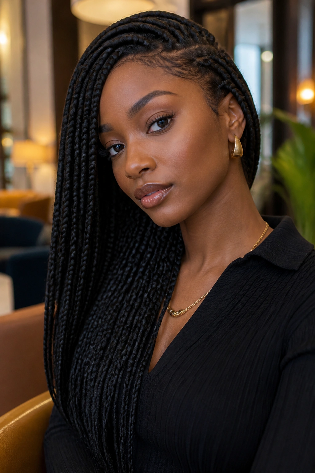 Close-up of side-swept long box braids on a real woman