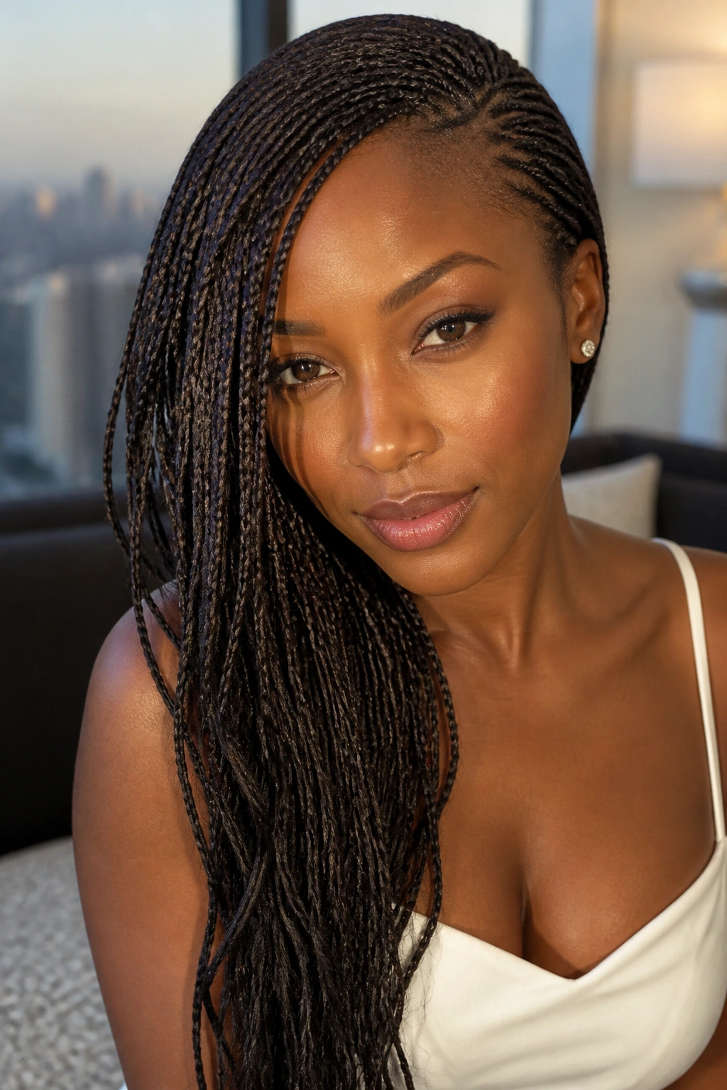 Portrait of a real woman with side-swept micro braids draping over one shoulder in warm window light