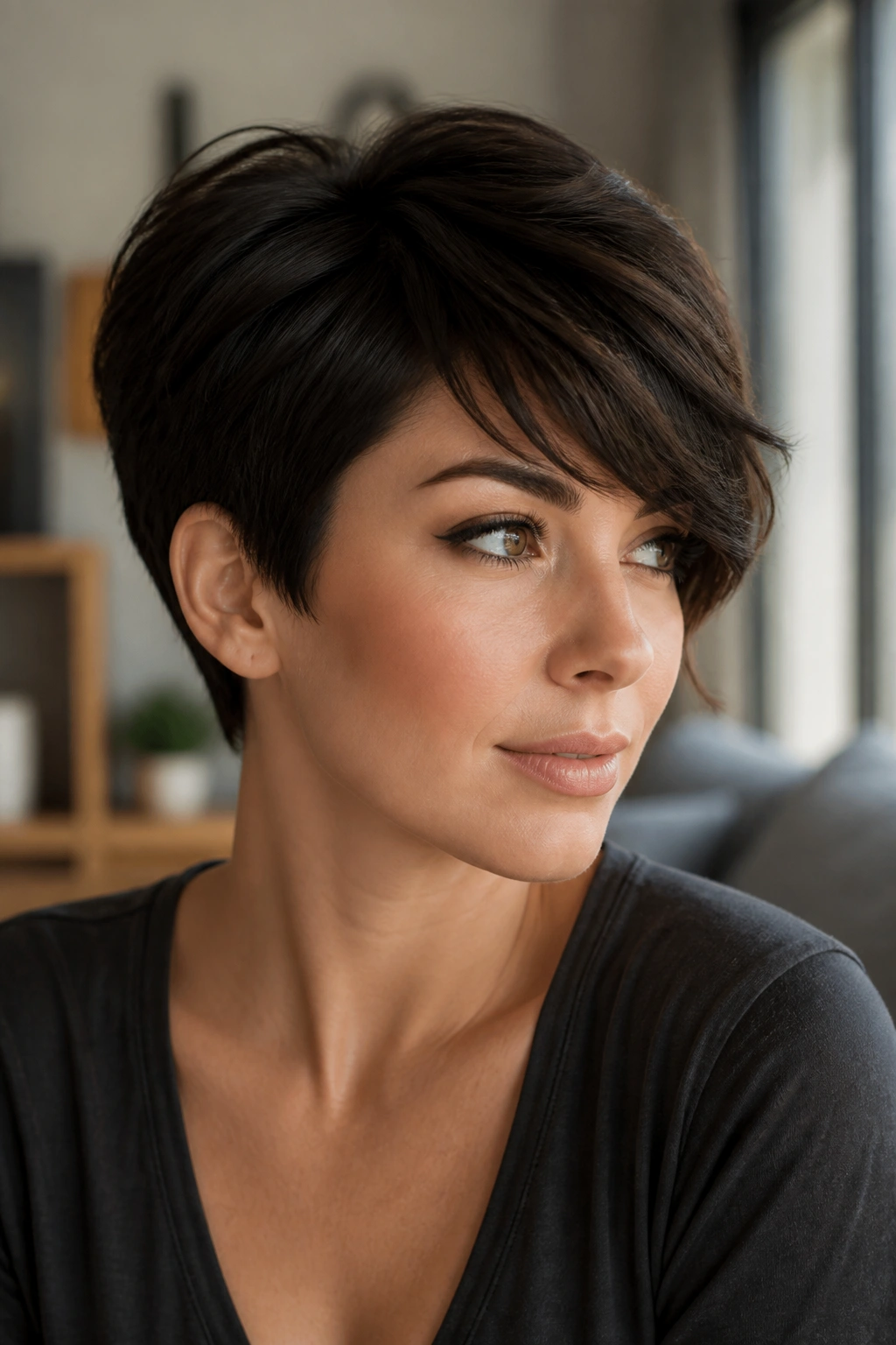 Portrait of a woman with a side-swept pixie haircut