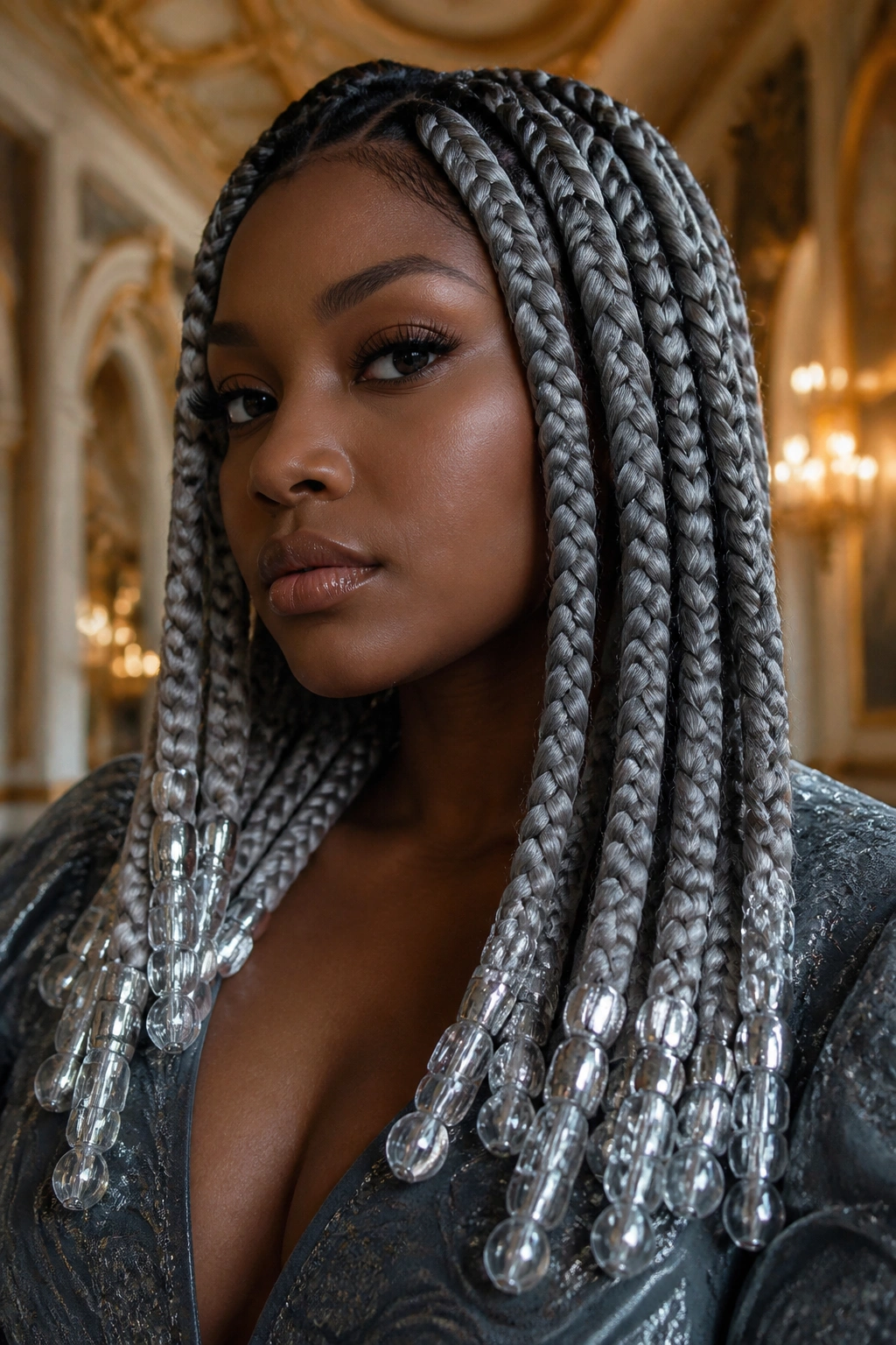 Real person with deep silver jumbo braids and large beads