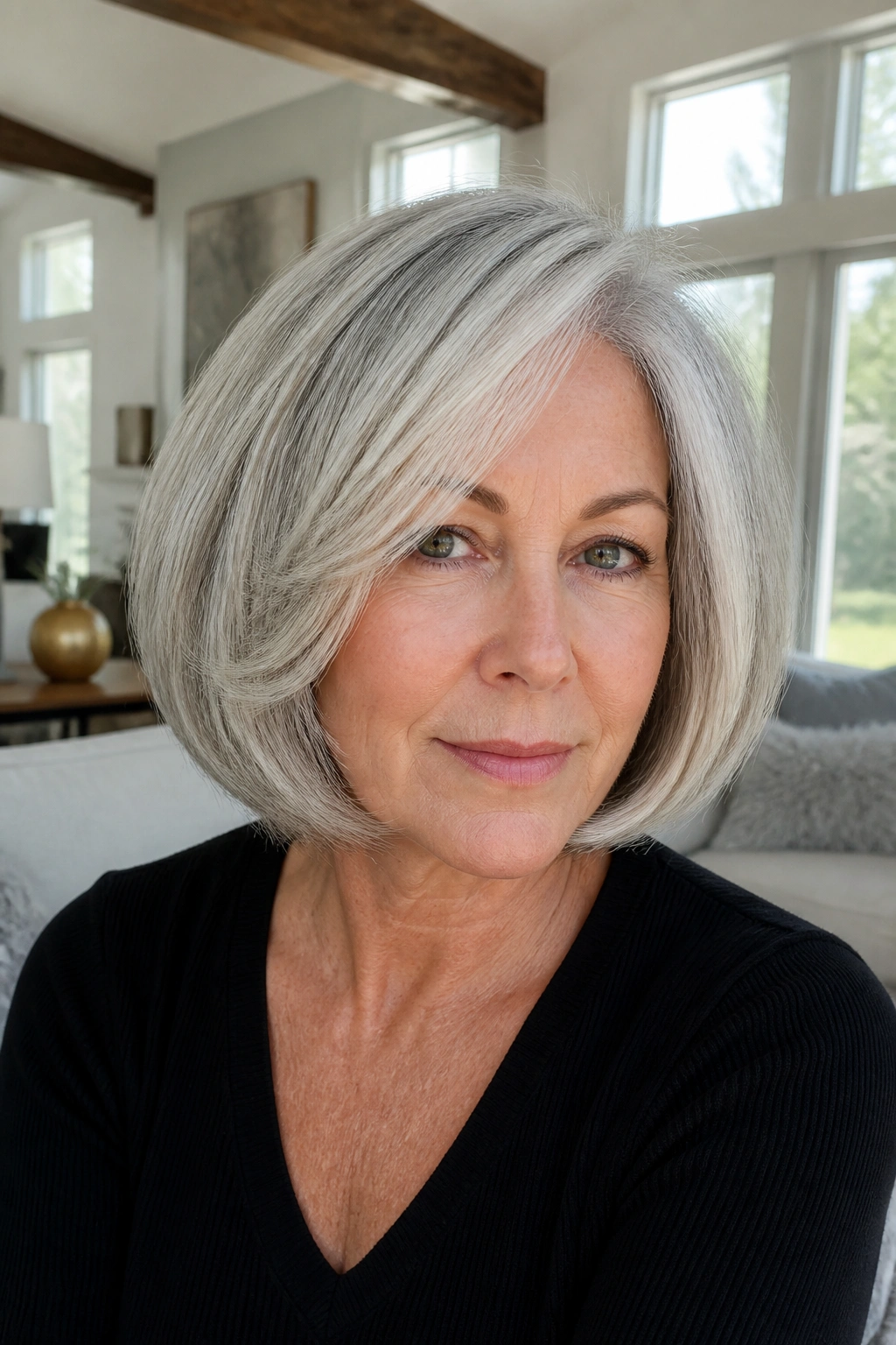 Portrait of a real woman with a silver bob and soft internal layers in a bright living room