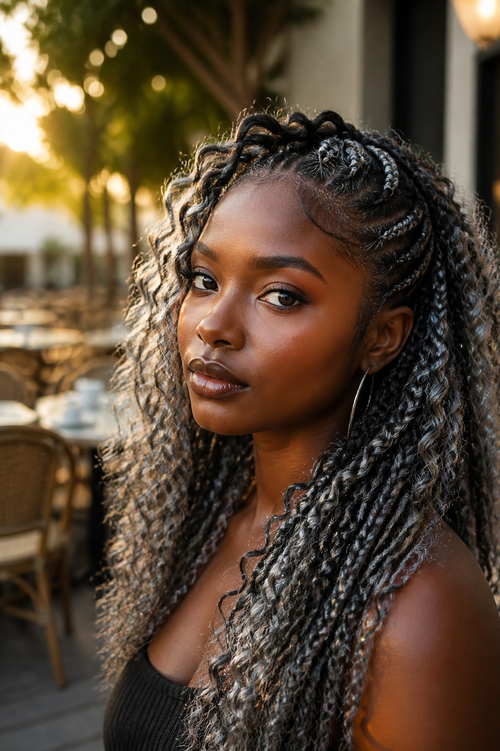Real woman with boho braids featuring silver gray accents in outdoor light
