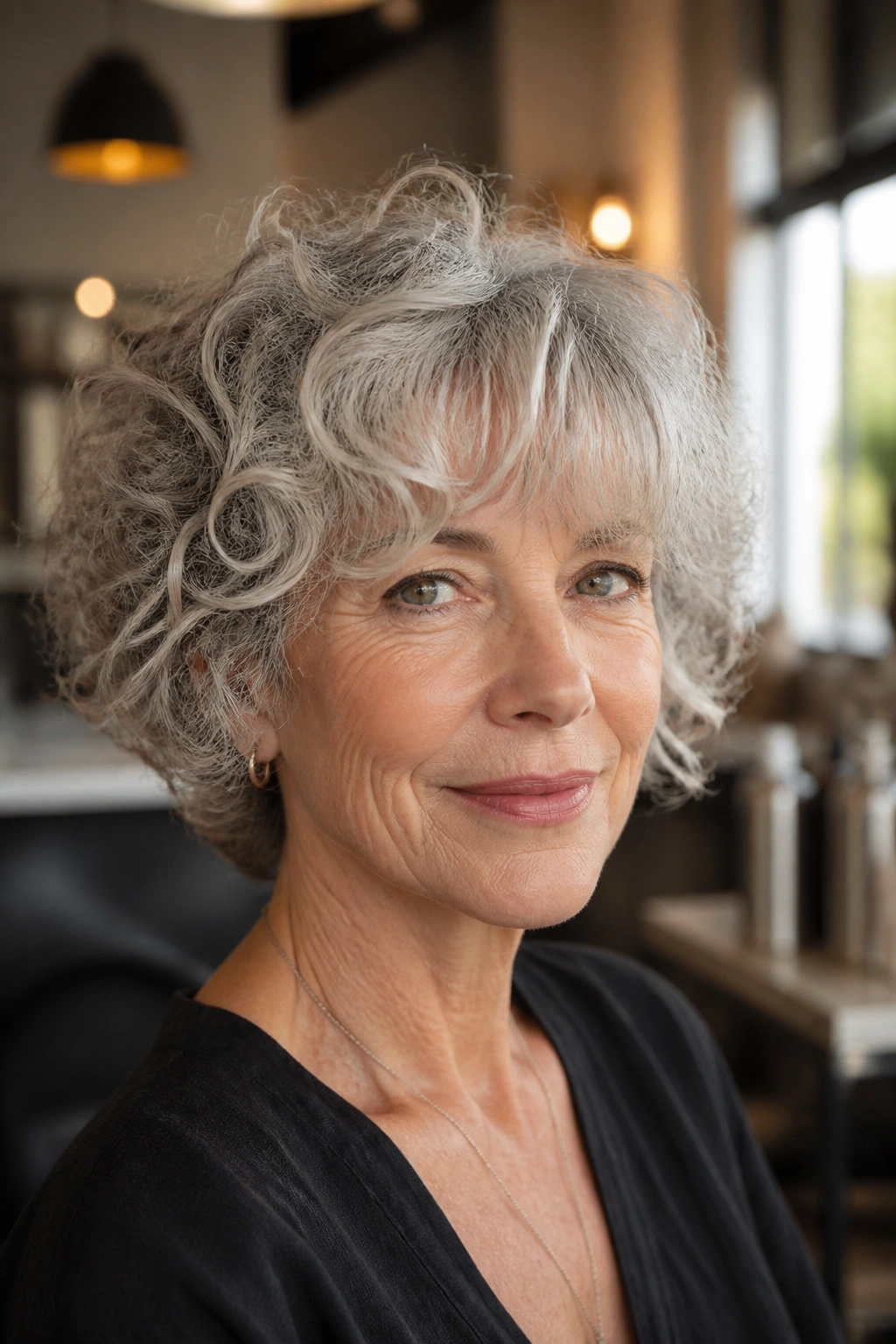 Close-up of a real woman with brow-grazing silver curls fringe in a sunlit salon