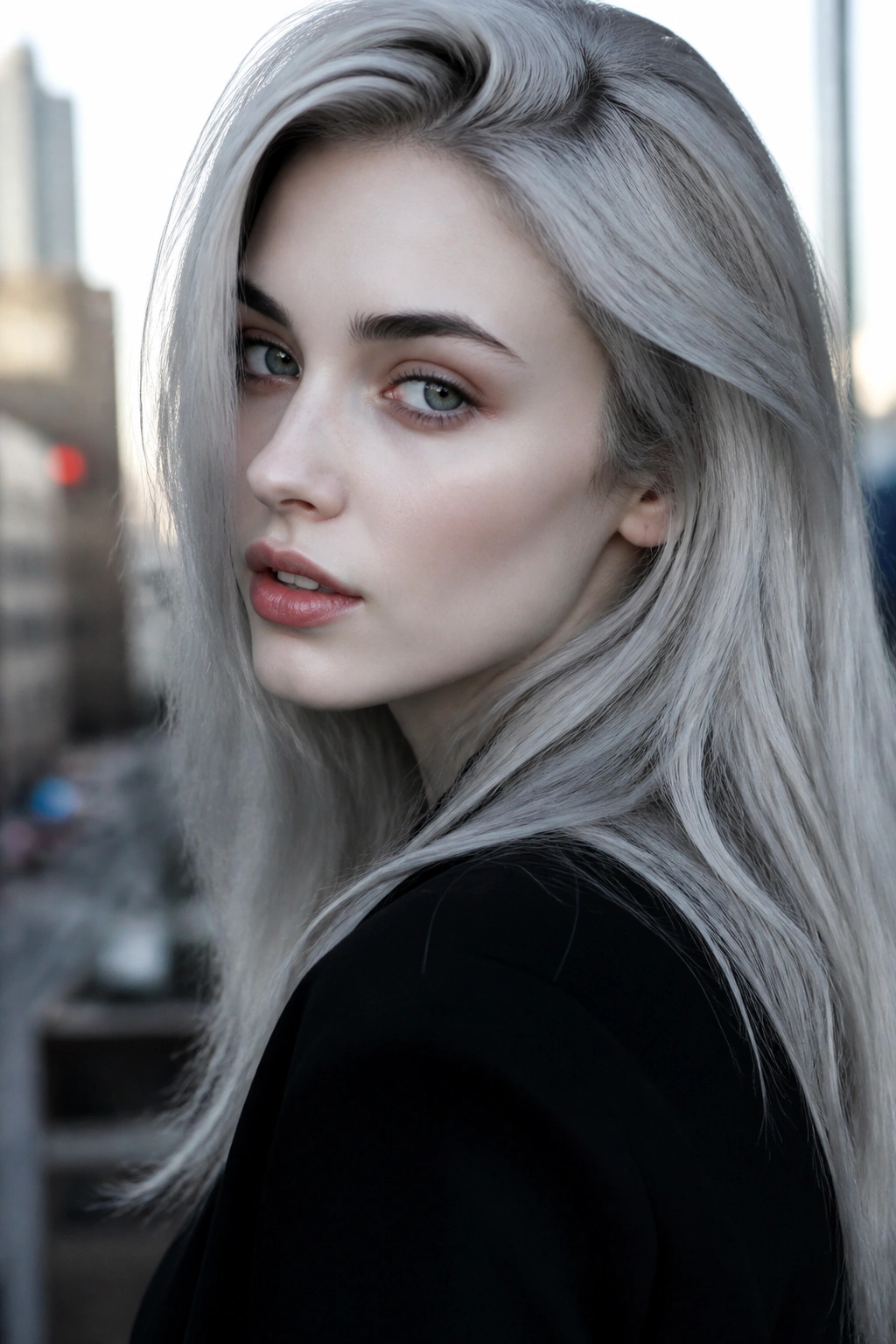Portrait of a real person with silver fox gray hair in daylight