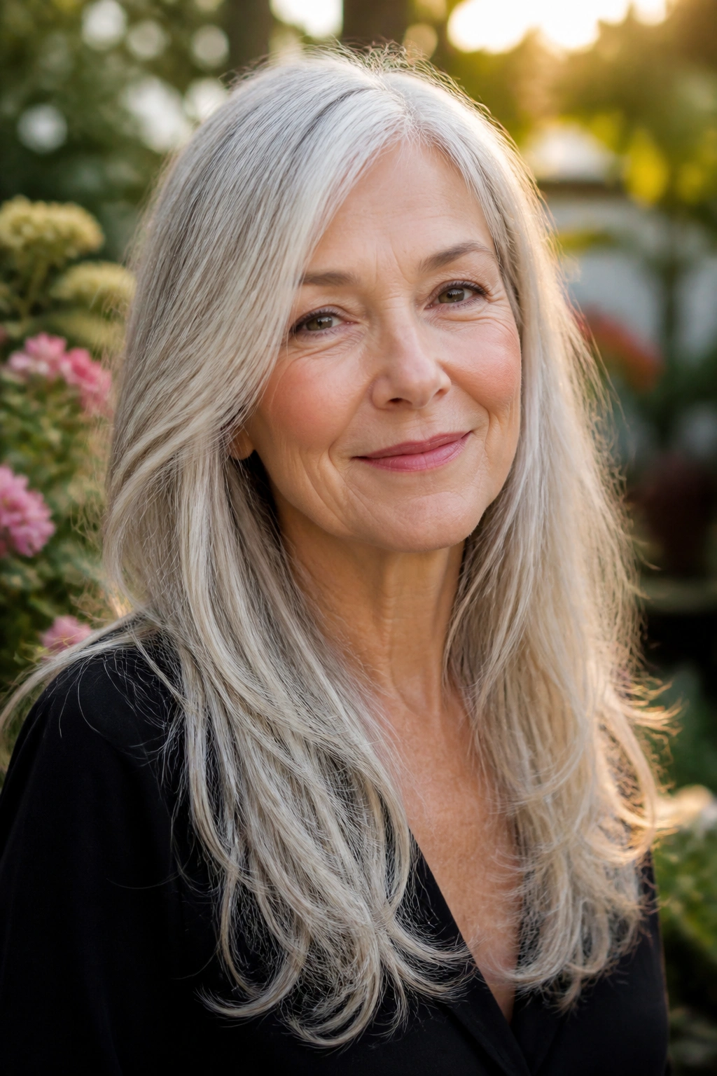 Close-up portrait of a silver-haired woman with long layered hairstyle