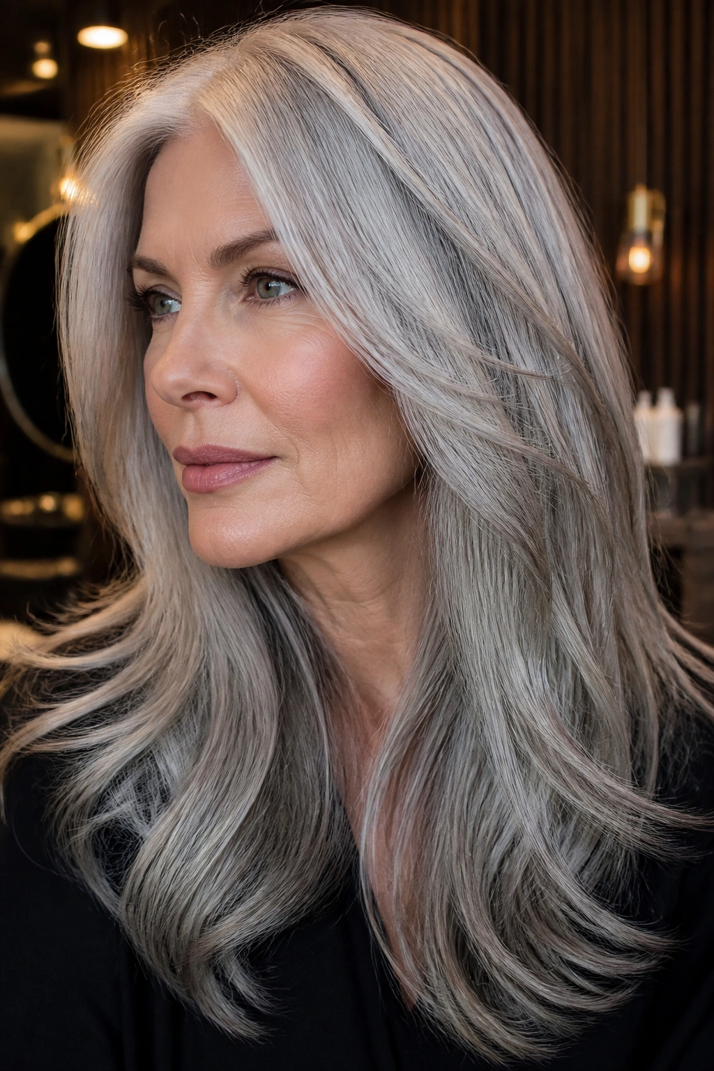 Close-up portrait of a real woman with metallic silver hair and charcoal undertones in a chic salon.
