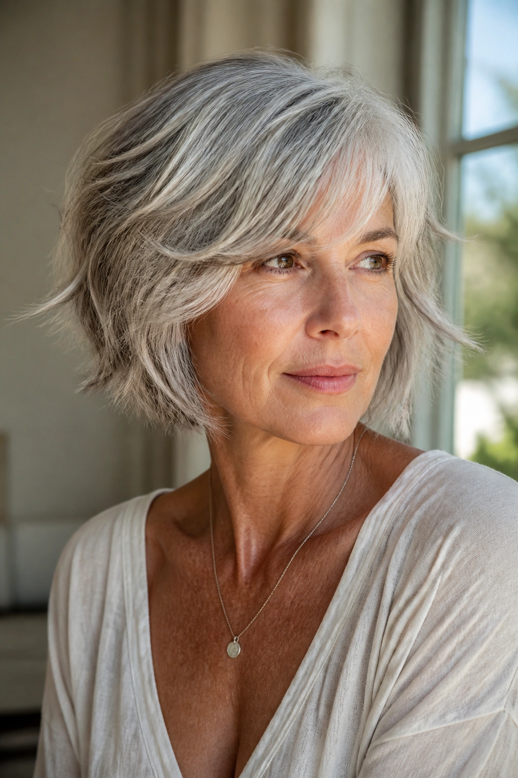 Portrait of woman with silver shag bob showing movement and texture