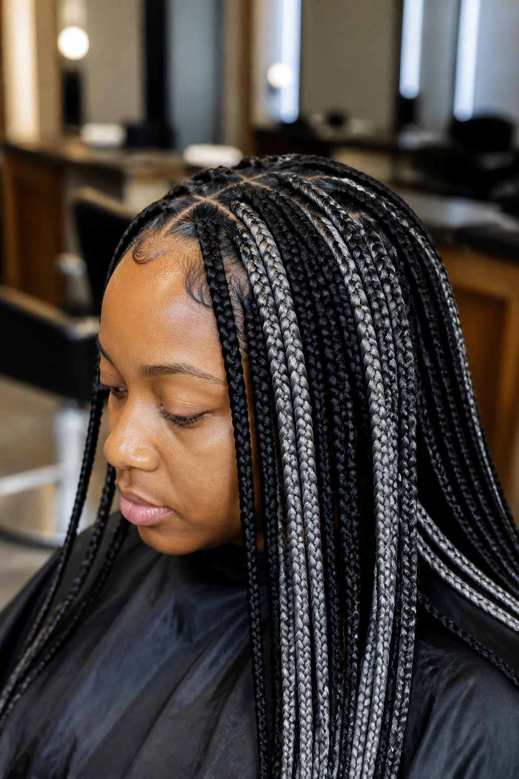 Close-up of silver ash-grey peekaboo highlights in knotless box braids on a real person.