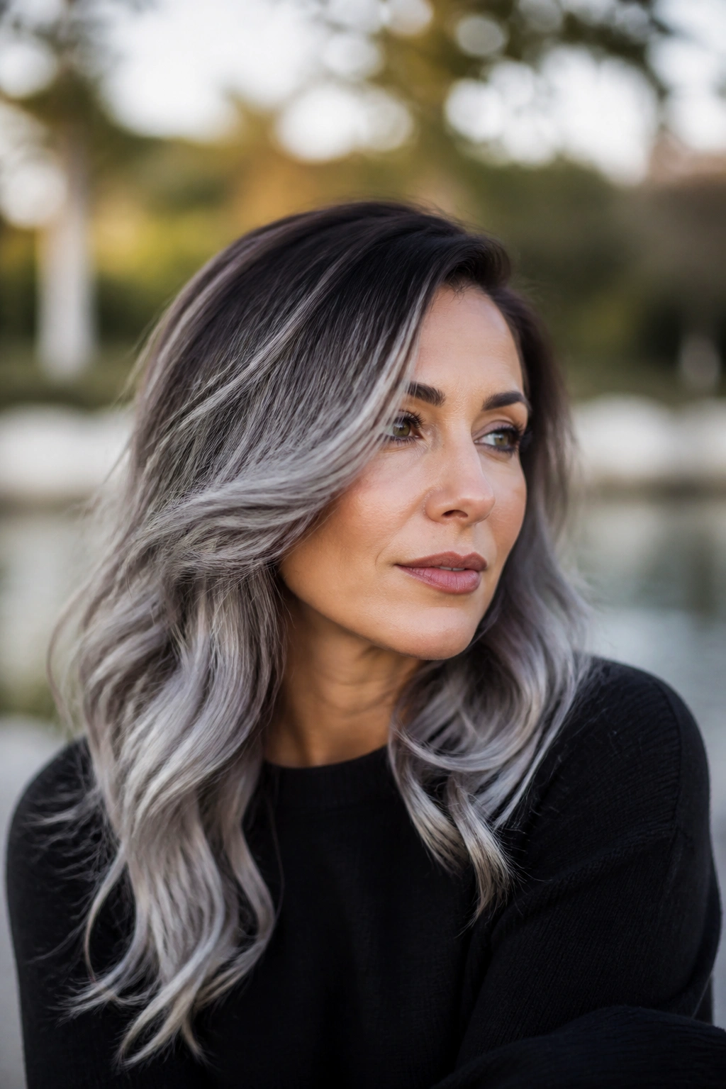 Real person with dark roots blending into silver ends in a soft ombré.