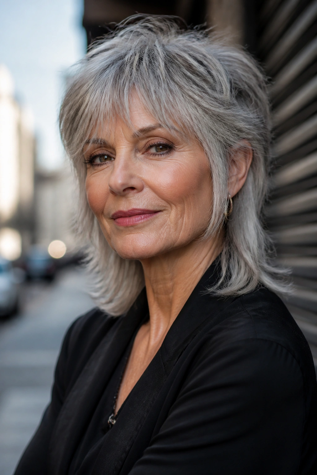 Older woman with silver wolf-cut mullet in urban setting