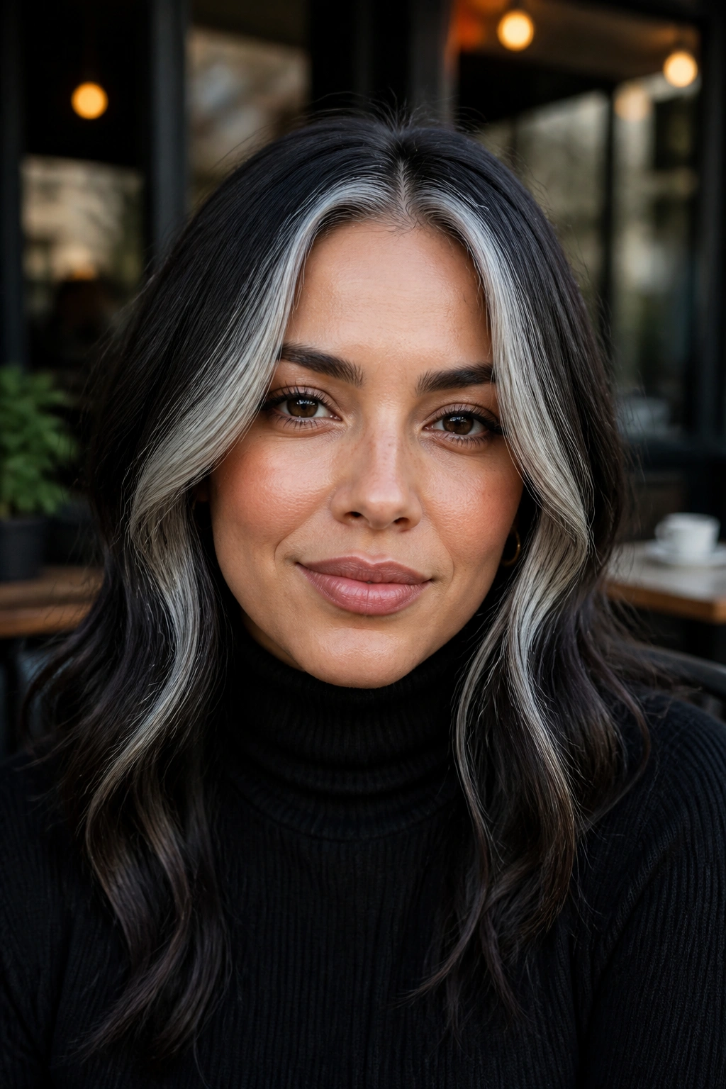 Close-up portrait of a real person showing silvery face-framing money-piece strands