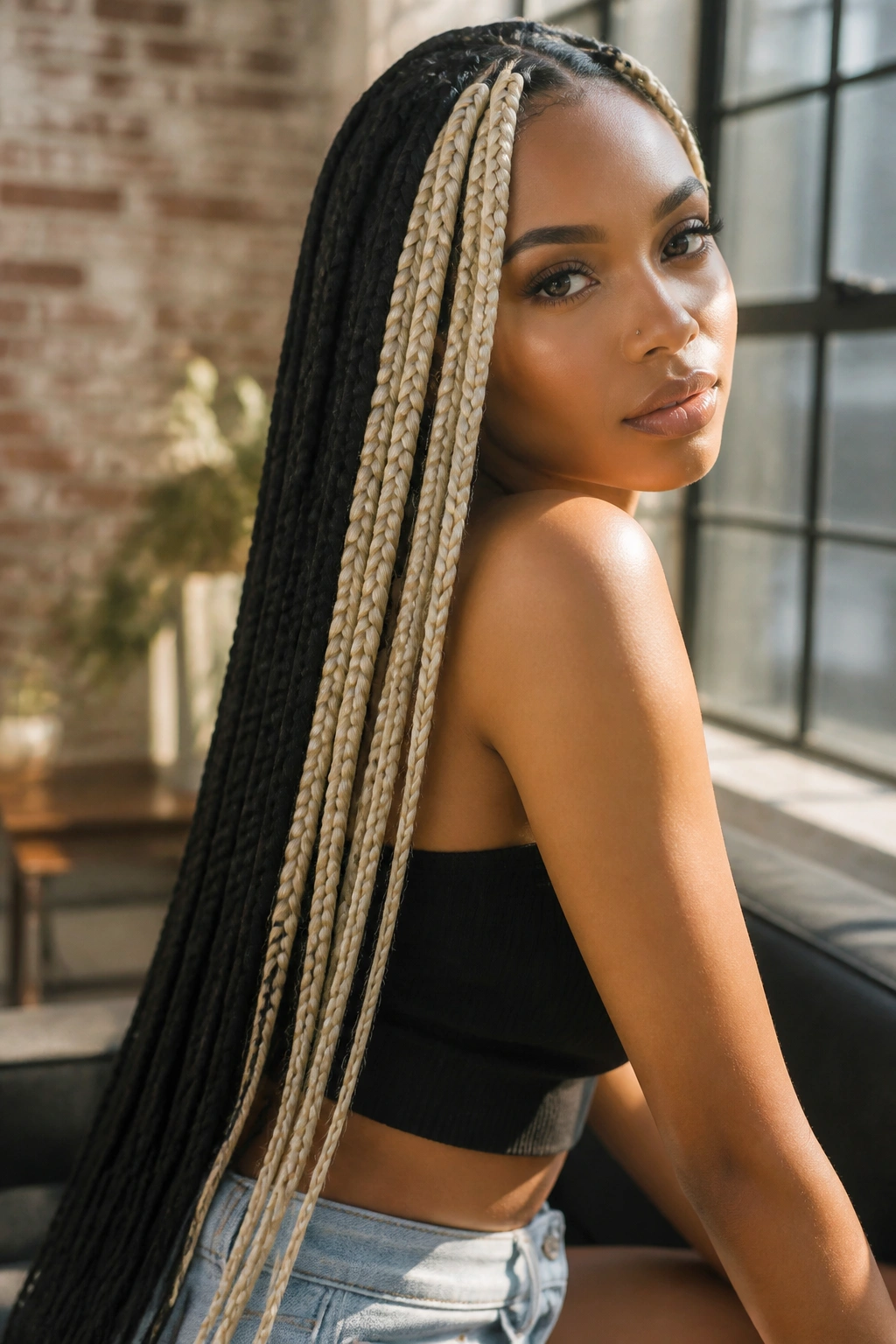 Close-up of waist-length braids with a skunk stripe on a real woman