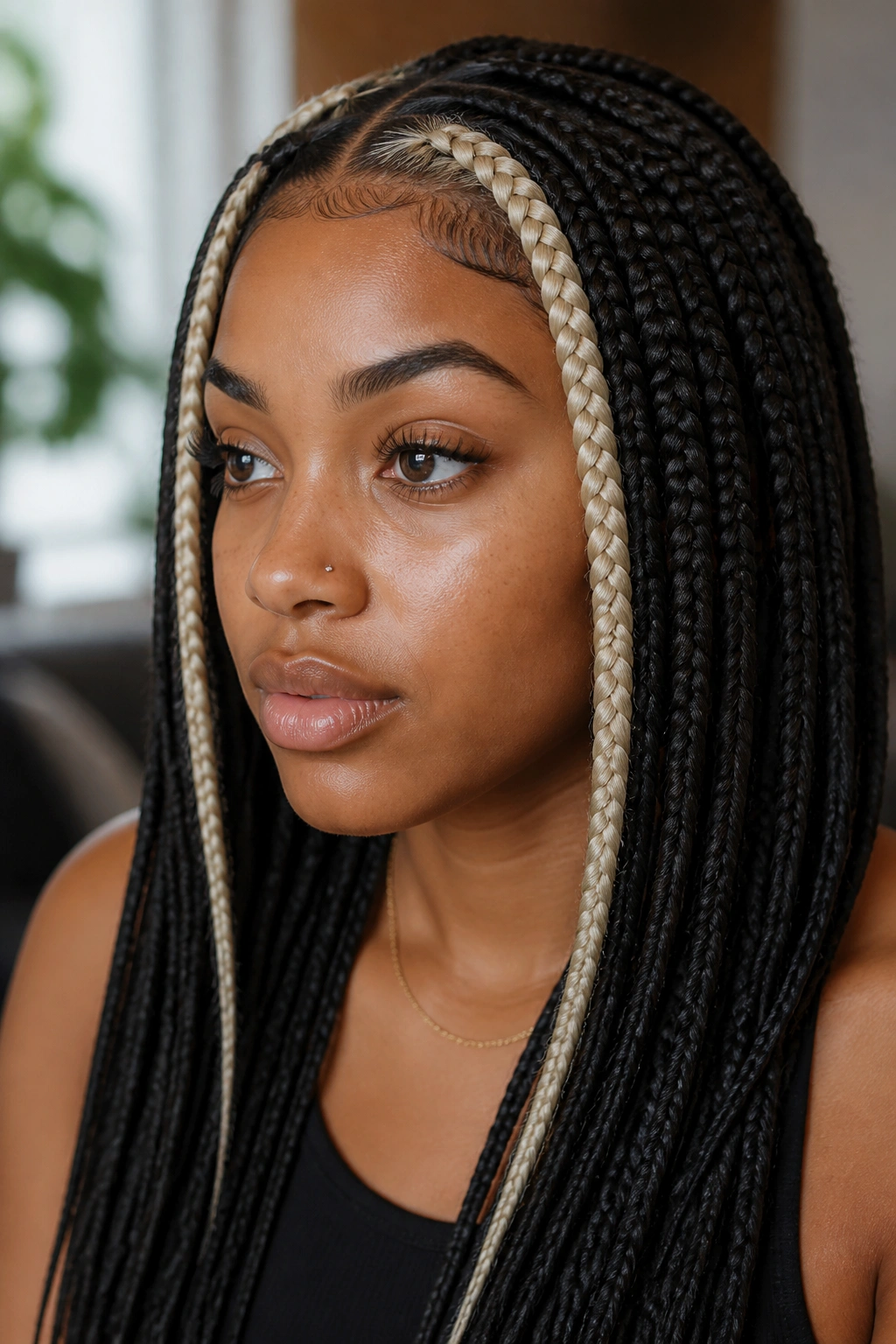 Close-up of a real woman with skunk stripe braids at the hairline