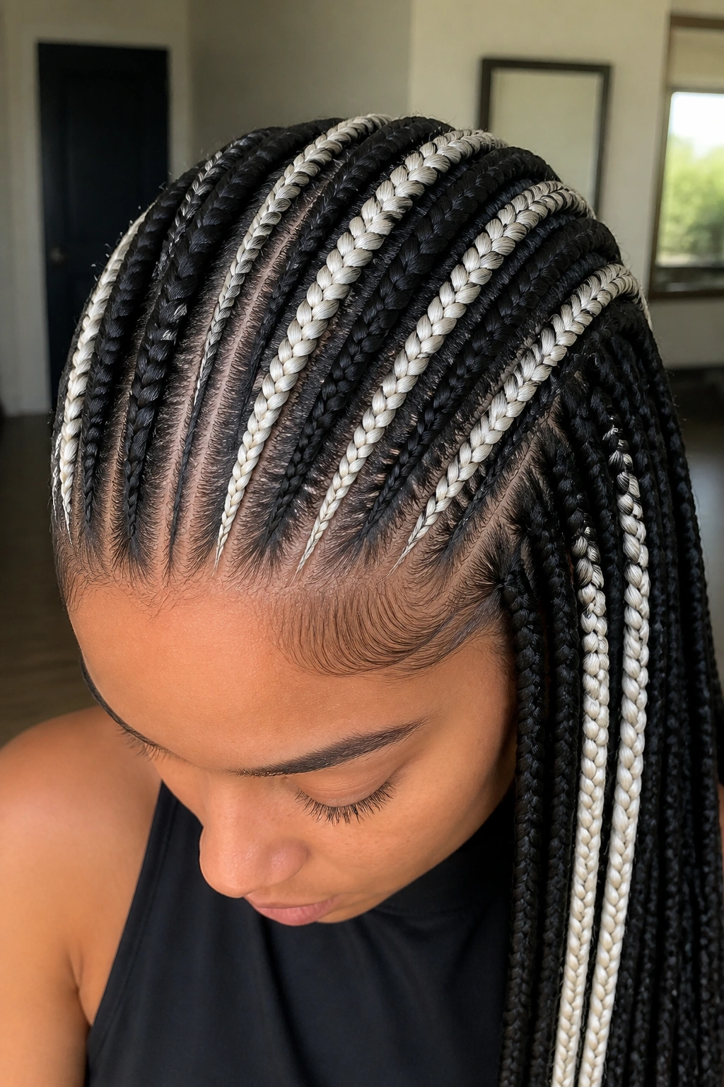 Close-up of real person with high-contrast skunk stripe knotless braids