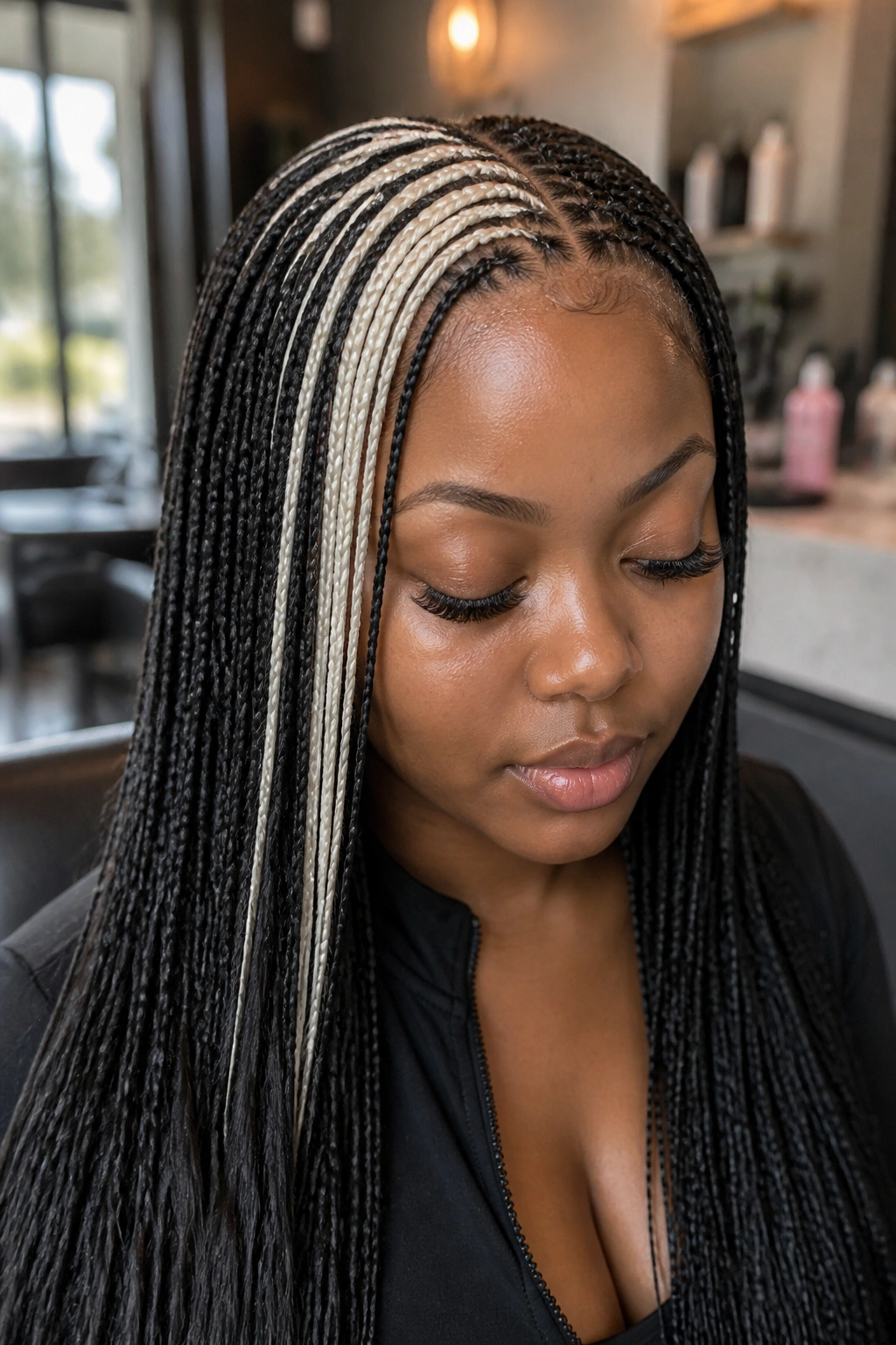 Close-up portrait of a real woman showing a platinum-front skunk stripe among black micro braids.