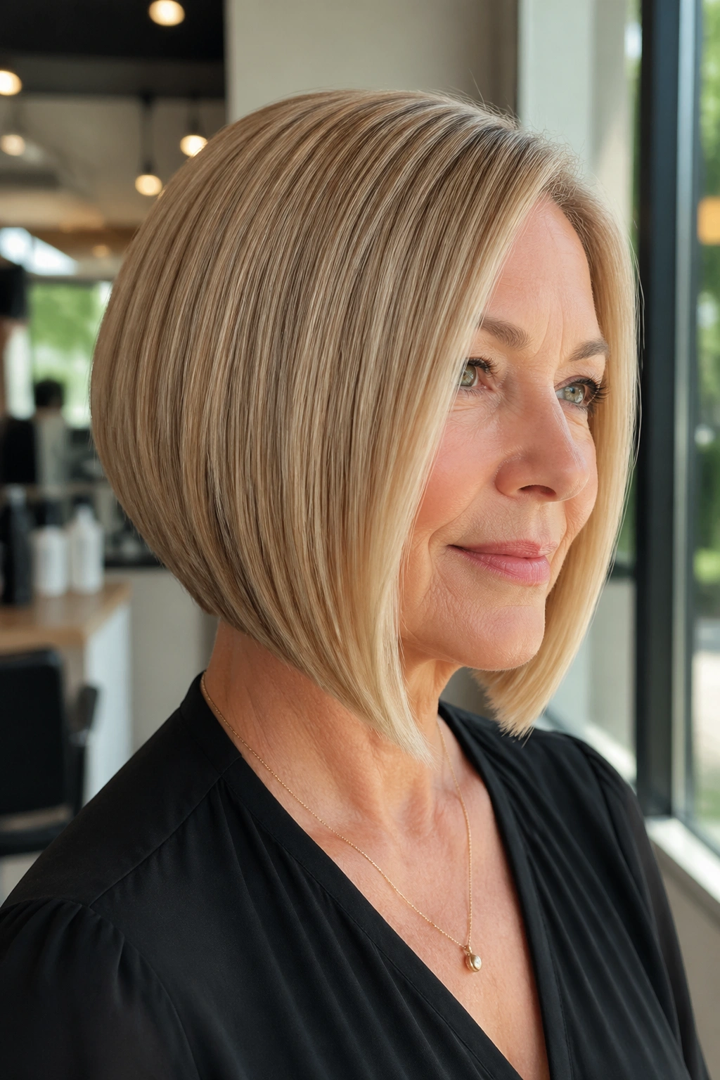 Close-up of a real woman with a sleek A-line bob, longer front, shorter back, in a sunlit salon.