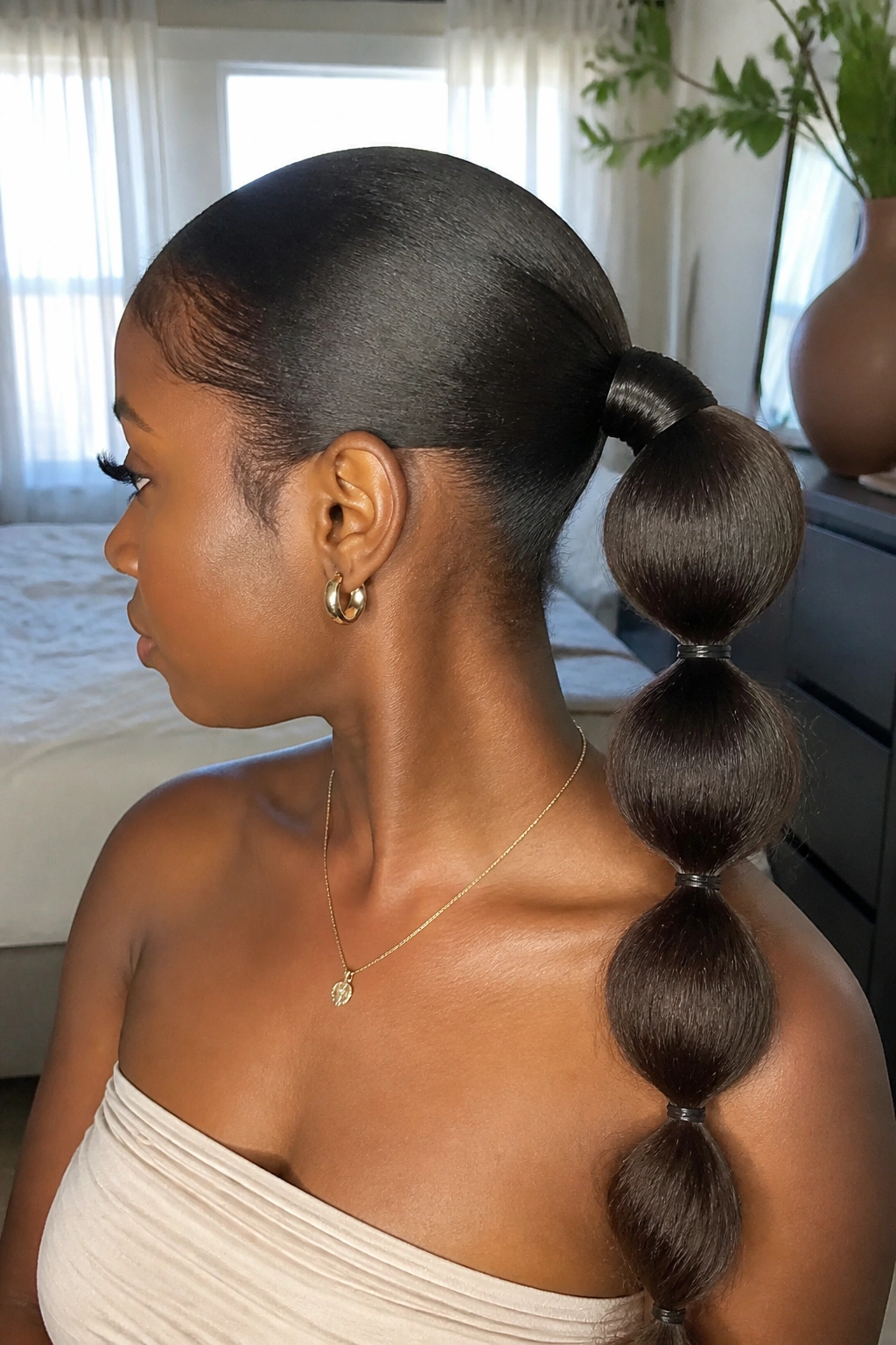 Real person with a sleek low-back triple bubble ponytail