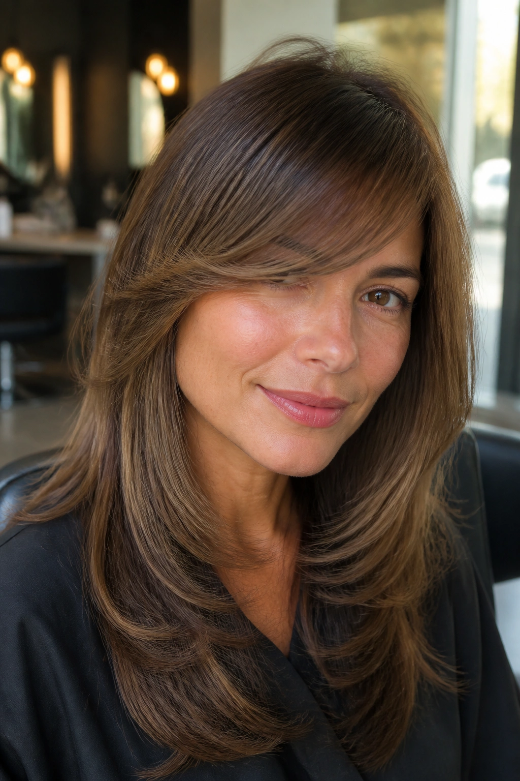 Close-up of a real woman with sleek blowout layers and side-swept bangs in a sunlit salon