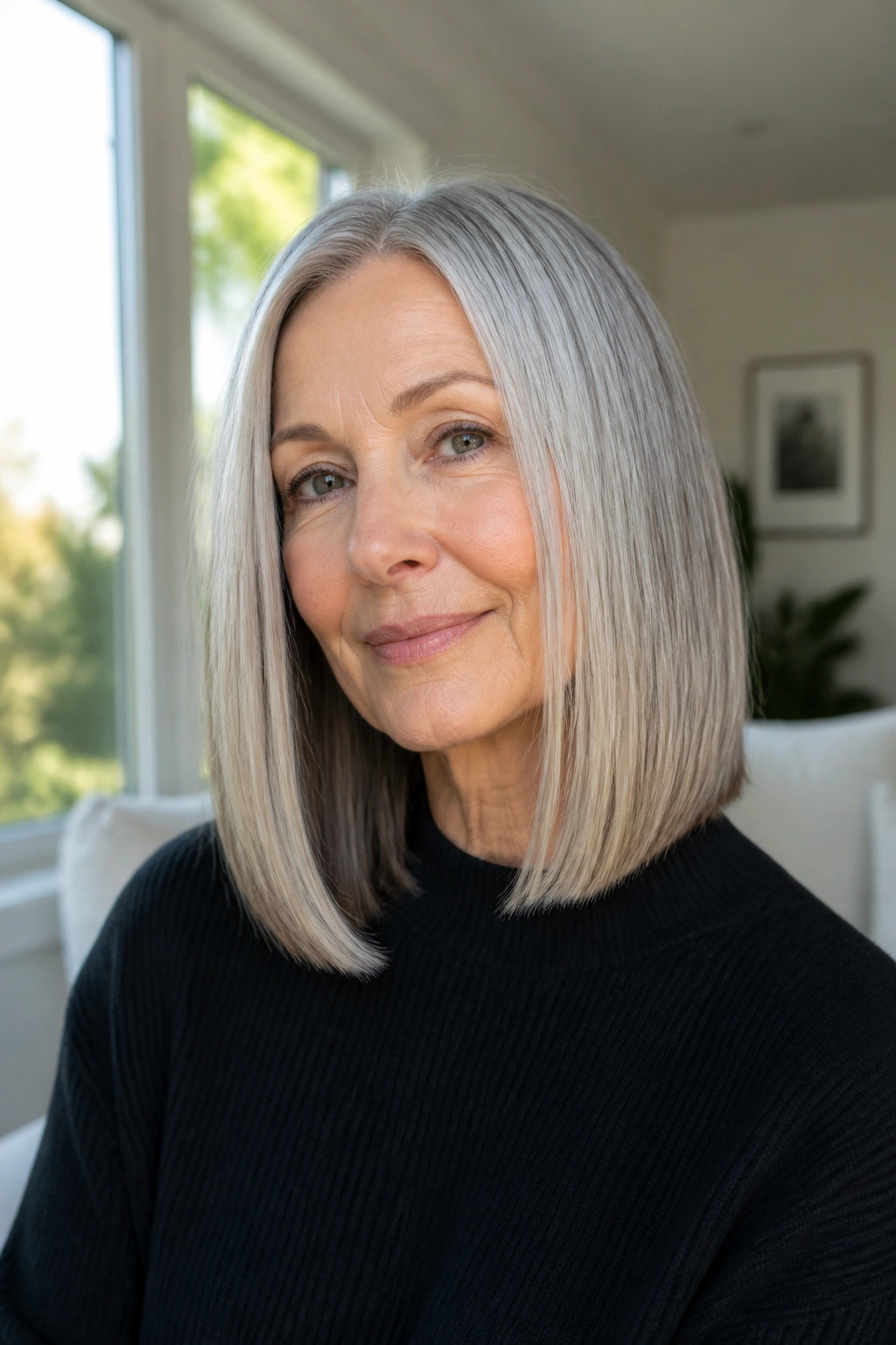 Portrait of a real woman with sleek layered cut and blunt ends in natural light
