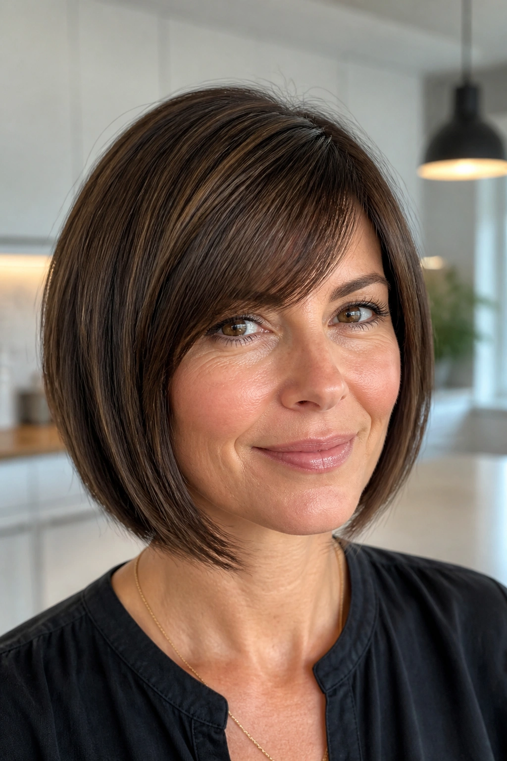 Portrait of a woman with sleek layered bob and side bangs in bright daylight.