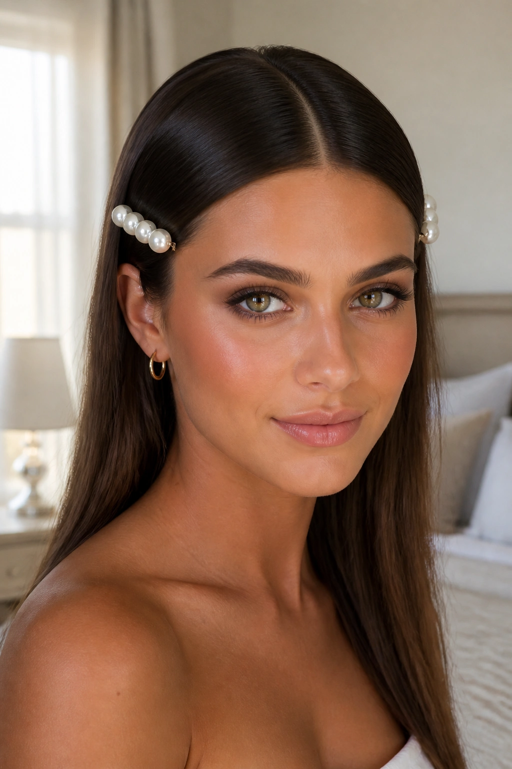 Close-up of a woman with a sleek middle part and pearl pins above her ears.