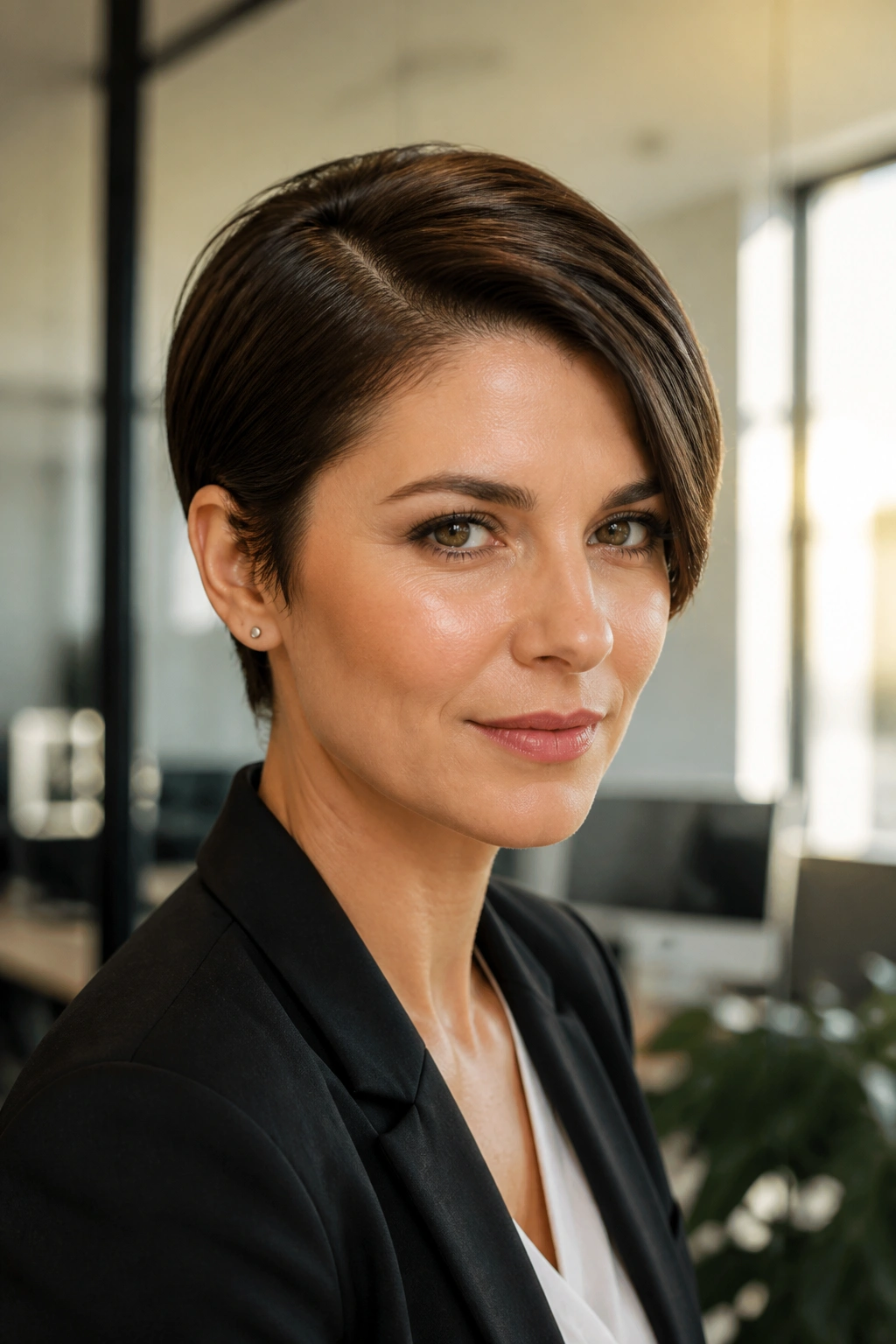 Close-up of a real woman with a sleek side-parted pixie hairstyle