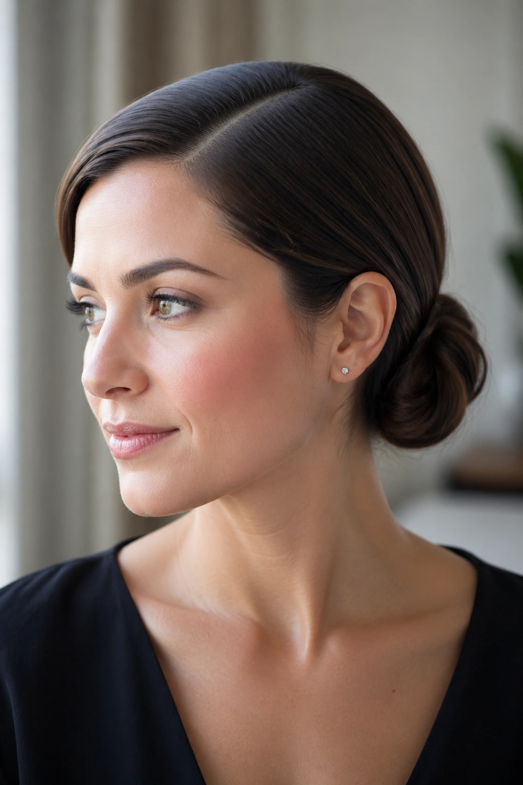Close-up of a real woman with a sleek side bun and deep side part.