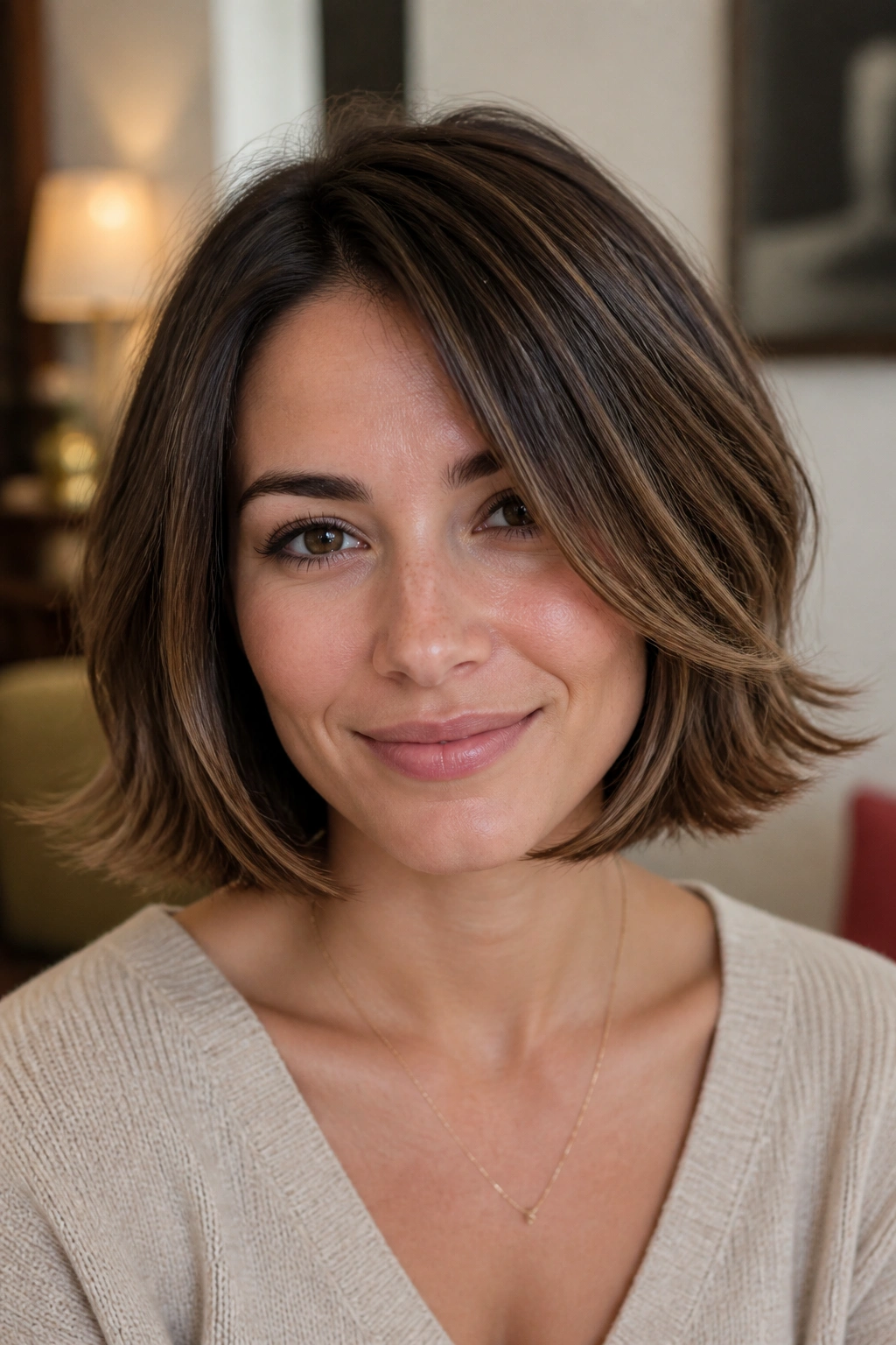 Close-up of a real person with a sliced bob and light swingy edge in a cozy indoor setting