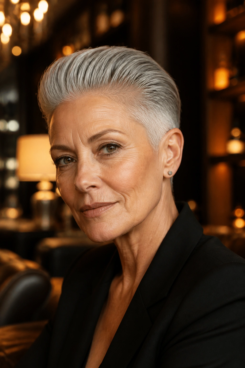 Close-up of real person with slicked-back crop for straight fine hair.